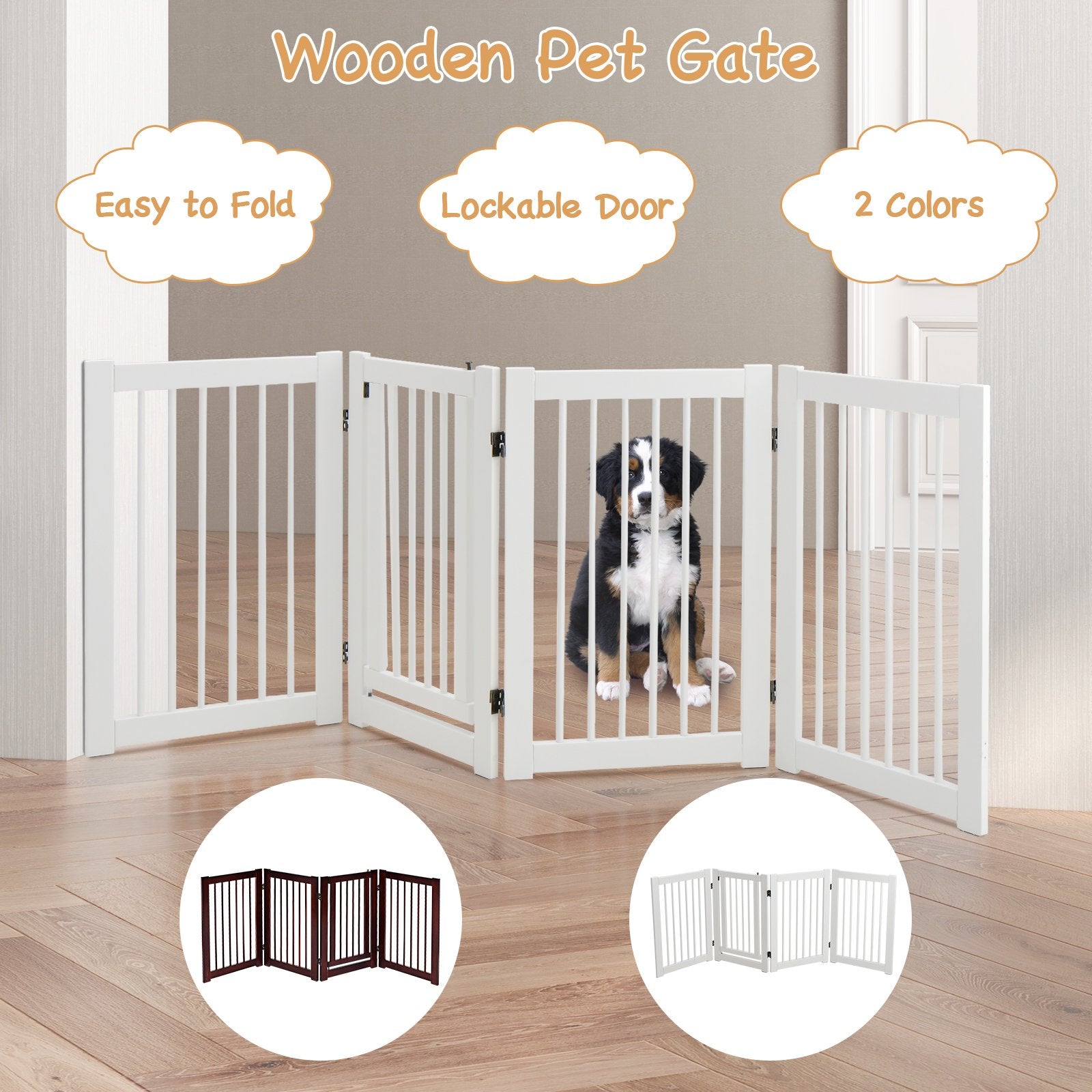 4 Panels Wooden Dog Gate with Door Walk Through-White