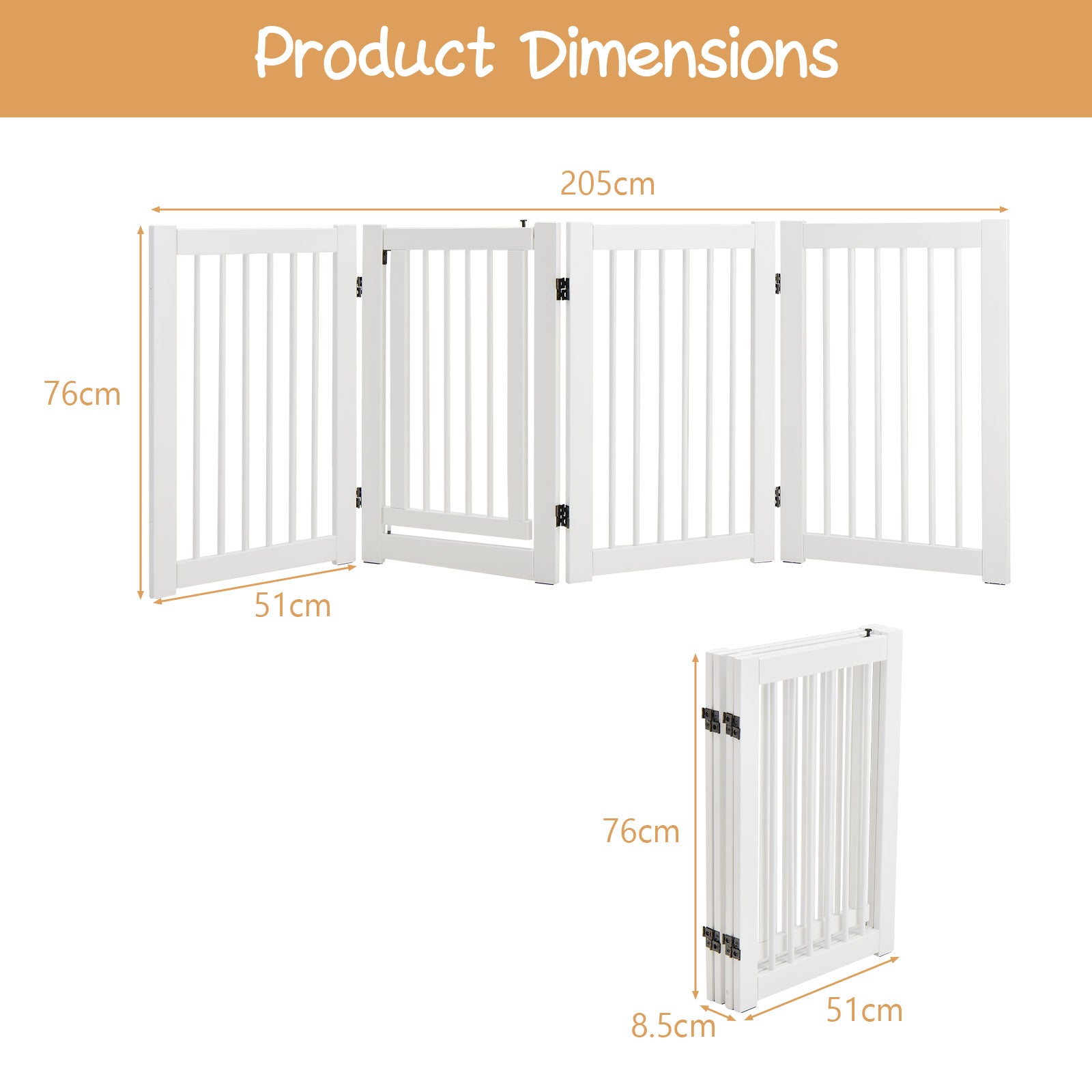 4 Panels Wooden Dog Gate with Door Walk Through-White