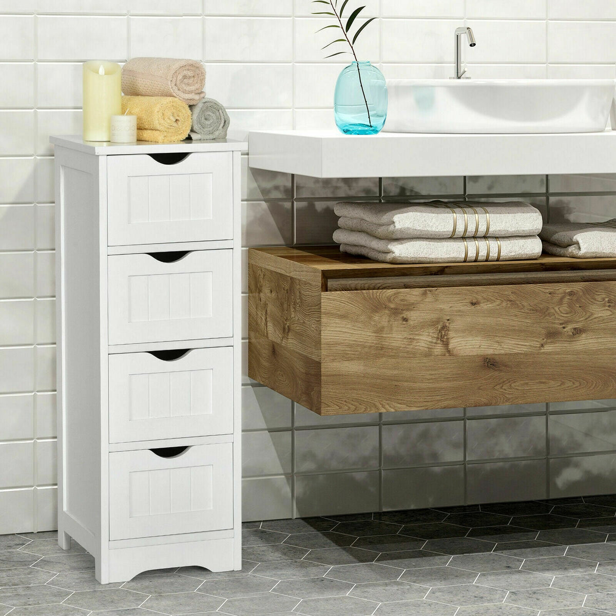 4 Drawers Bathroom Floor Cabinet with Curved Handle-White
