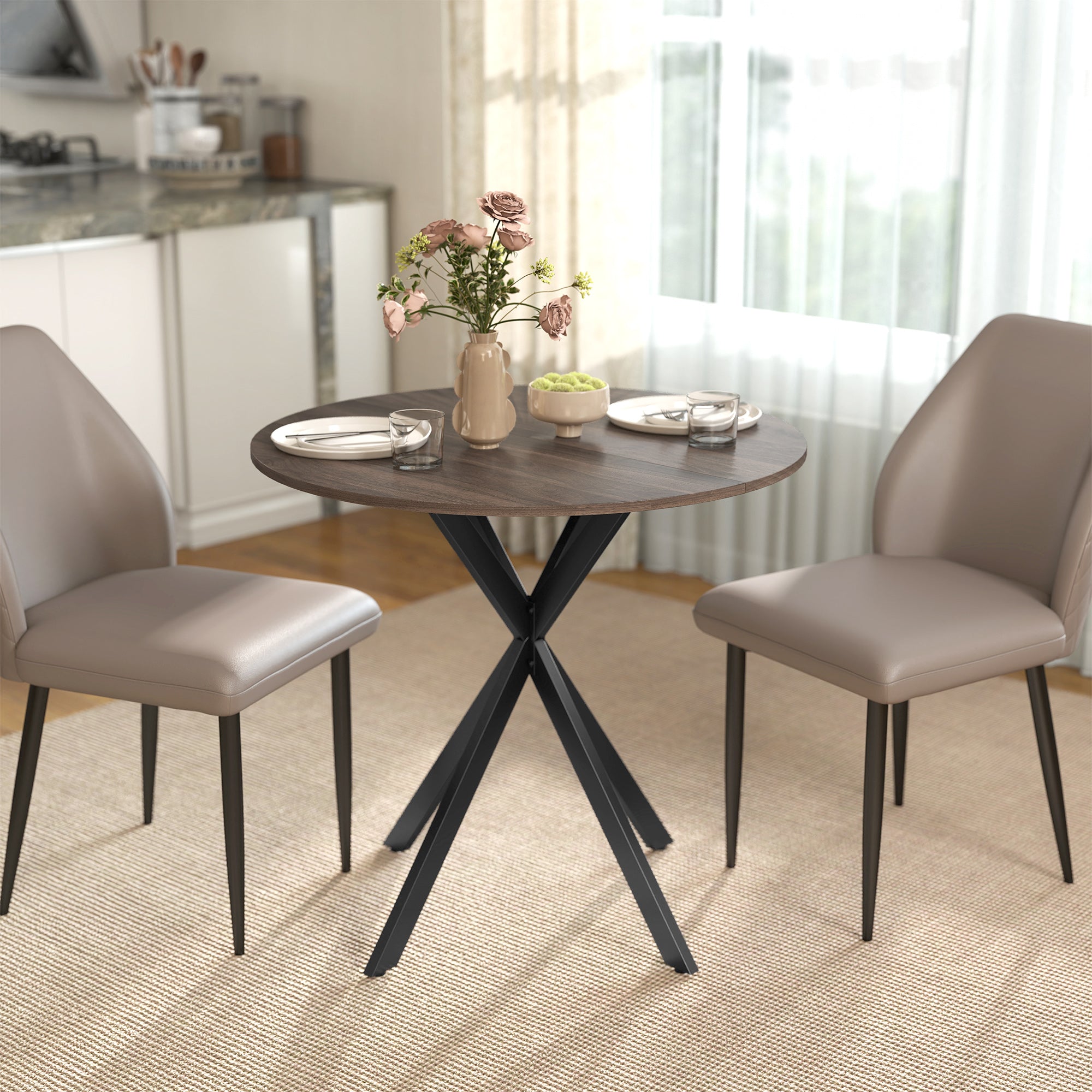 HOMCOM 80cm Industrial Round Dining Table - Brown