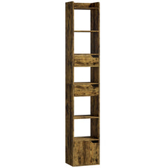HOMCOM Bookcase Tall Narrow with 5 Tiers and Drawers Freestanding Bookshelf Storage Cabinet for Living Room Rustic Brown
