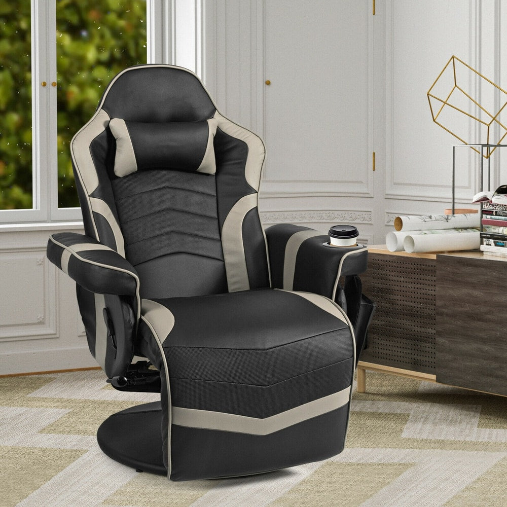 The grey gaming chair with cup holder in a bright room