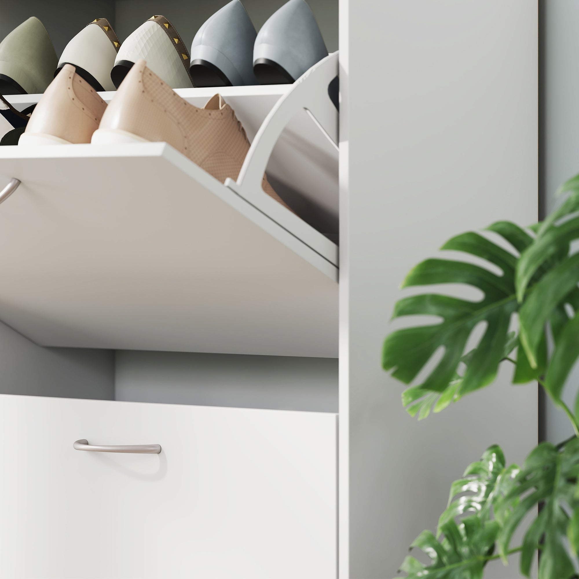 HOMCOM Wooden Modern Design 4 Drawer Shoes Cabinet Pull Down Shelf Storage Organiser - White