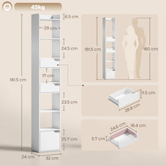 HOMCOM Bookcase Tall Narrow with 5 Tiers and Drawers Freestanding Bookshelf Storage Cabinet for Living Room White Wood Effect