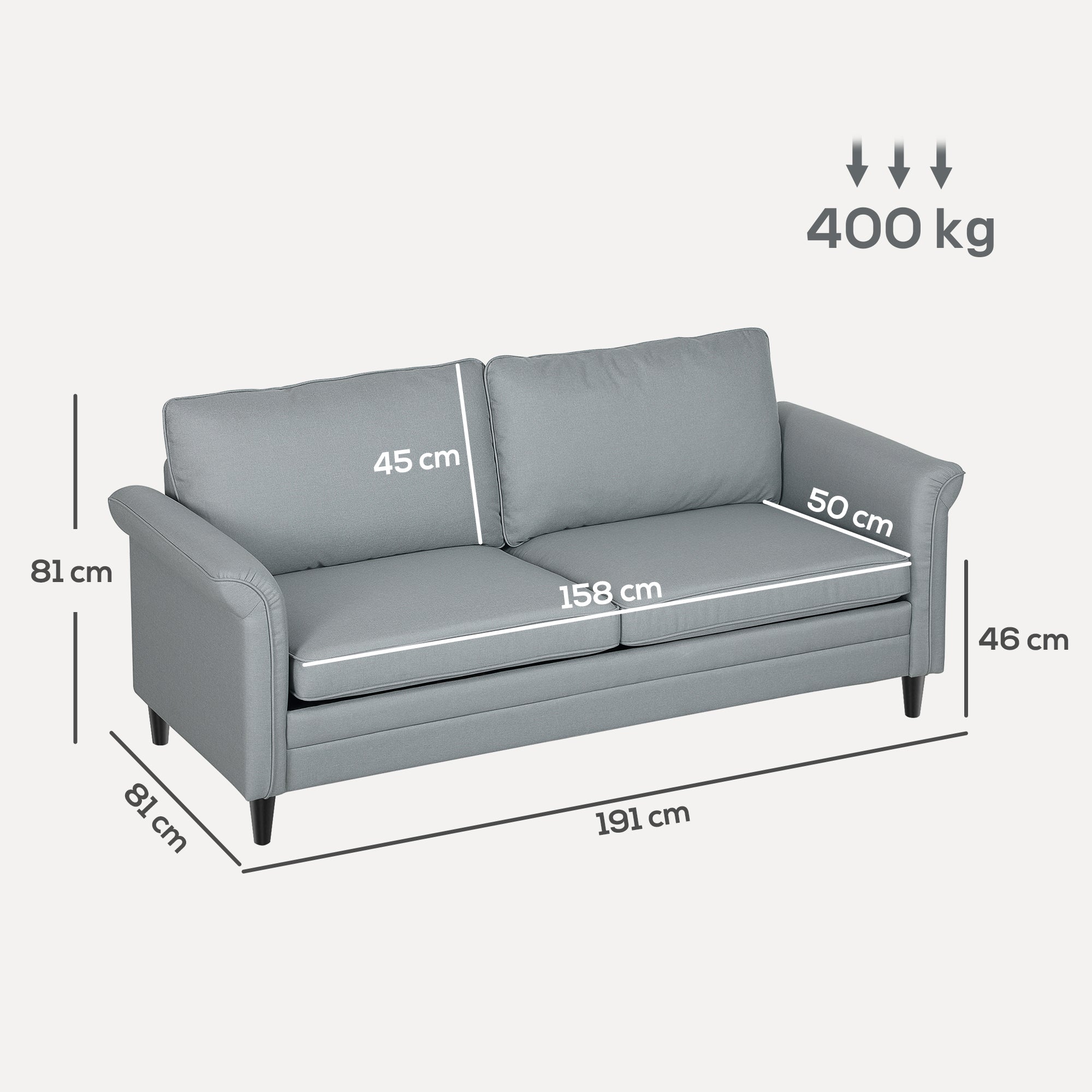 HOMCOM 3 Seater Sofa, Modern Fabric Sofa Couch with Spring Cushion, Rubber Wood Legs, 191cm Upholstered Settee for Living Room, Bedroom, Home Office, Guest Room, Grey