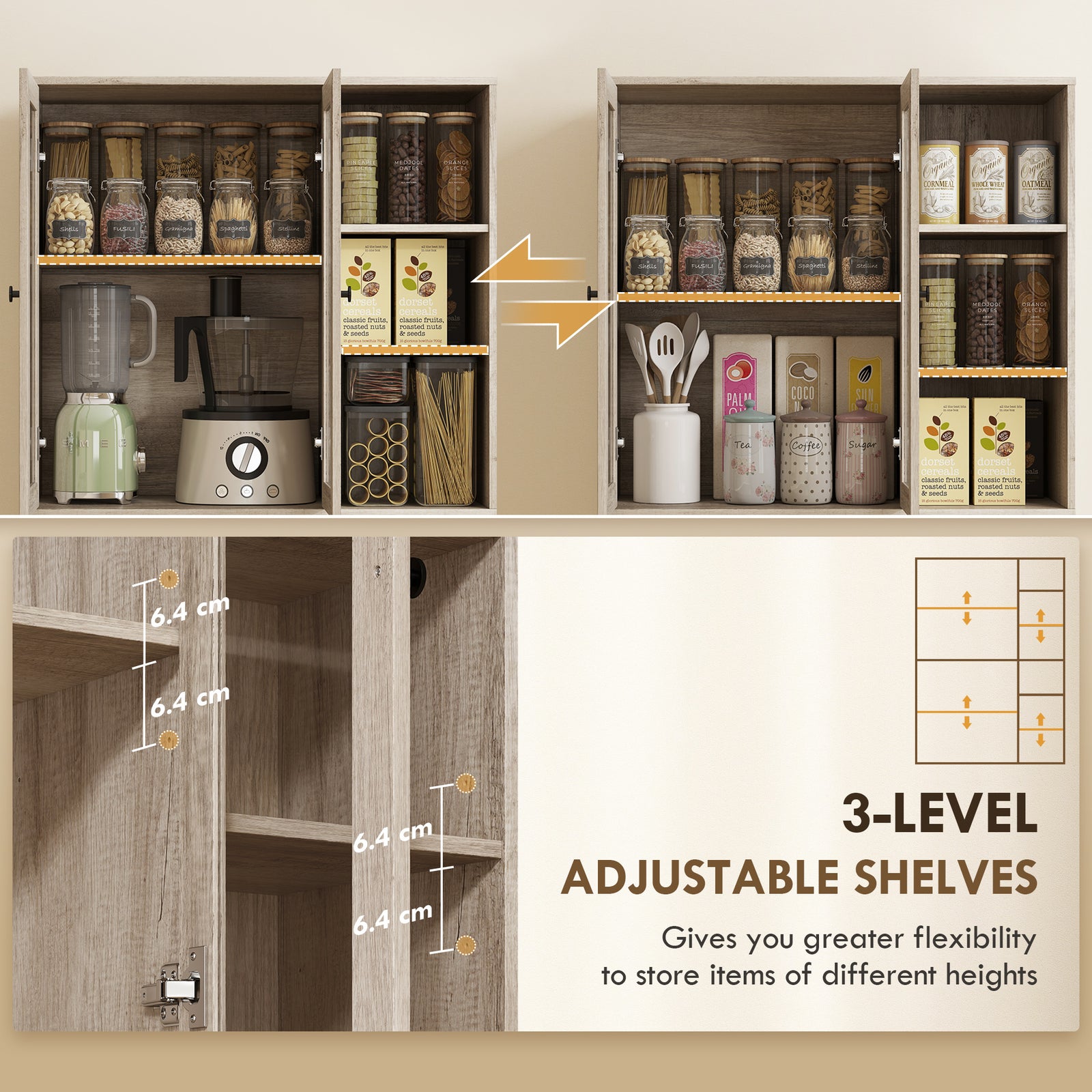 HOMCOM Multi-Storage Kitchen Cabinet, with Glass Doors - Grey Wood-Effect