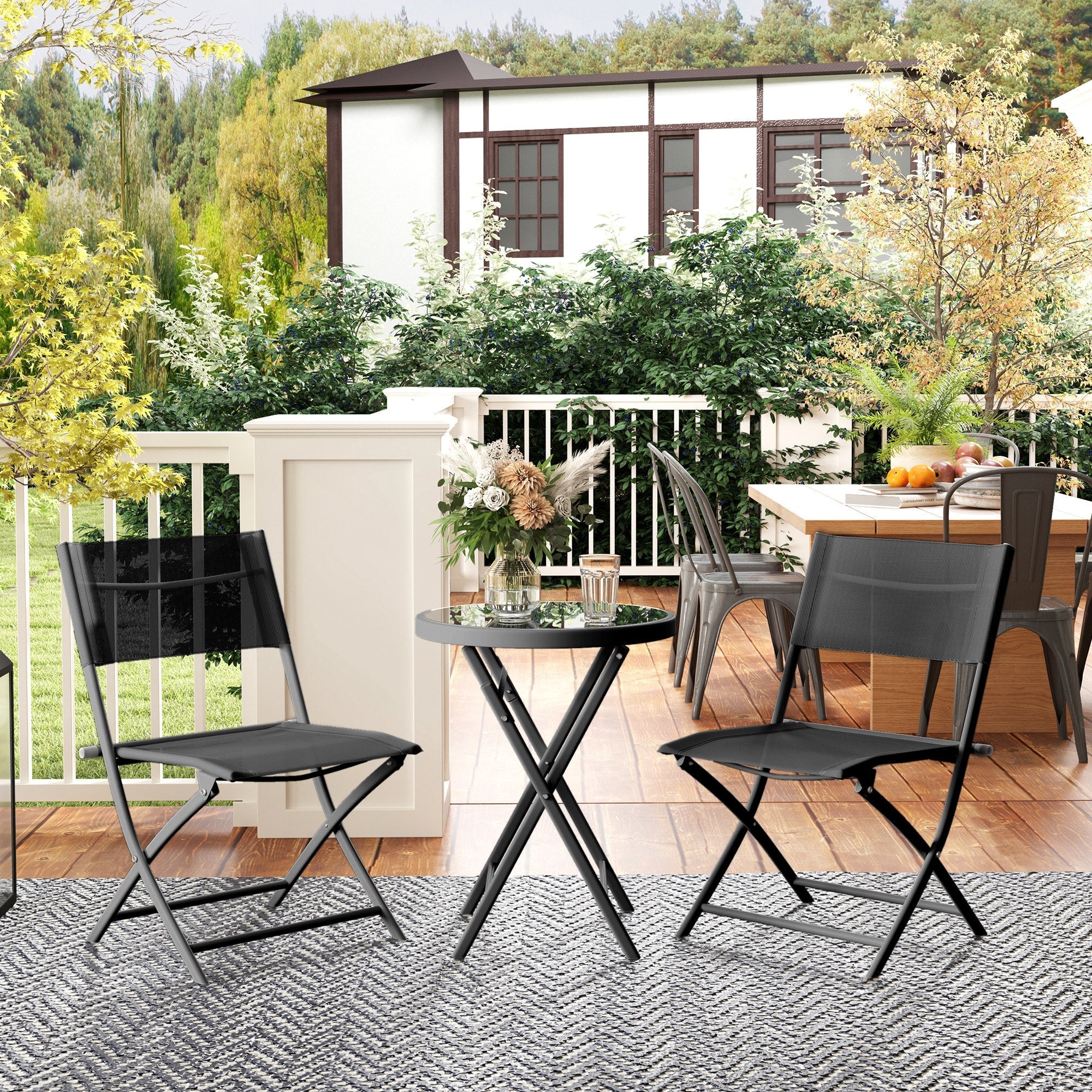 Outsunny 3 Pieces Outdoor Bistro Set, Glass Top Outdoor Table and 2 Folding Chairs with Protecting Feet, Black