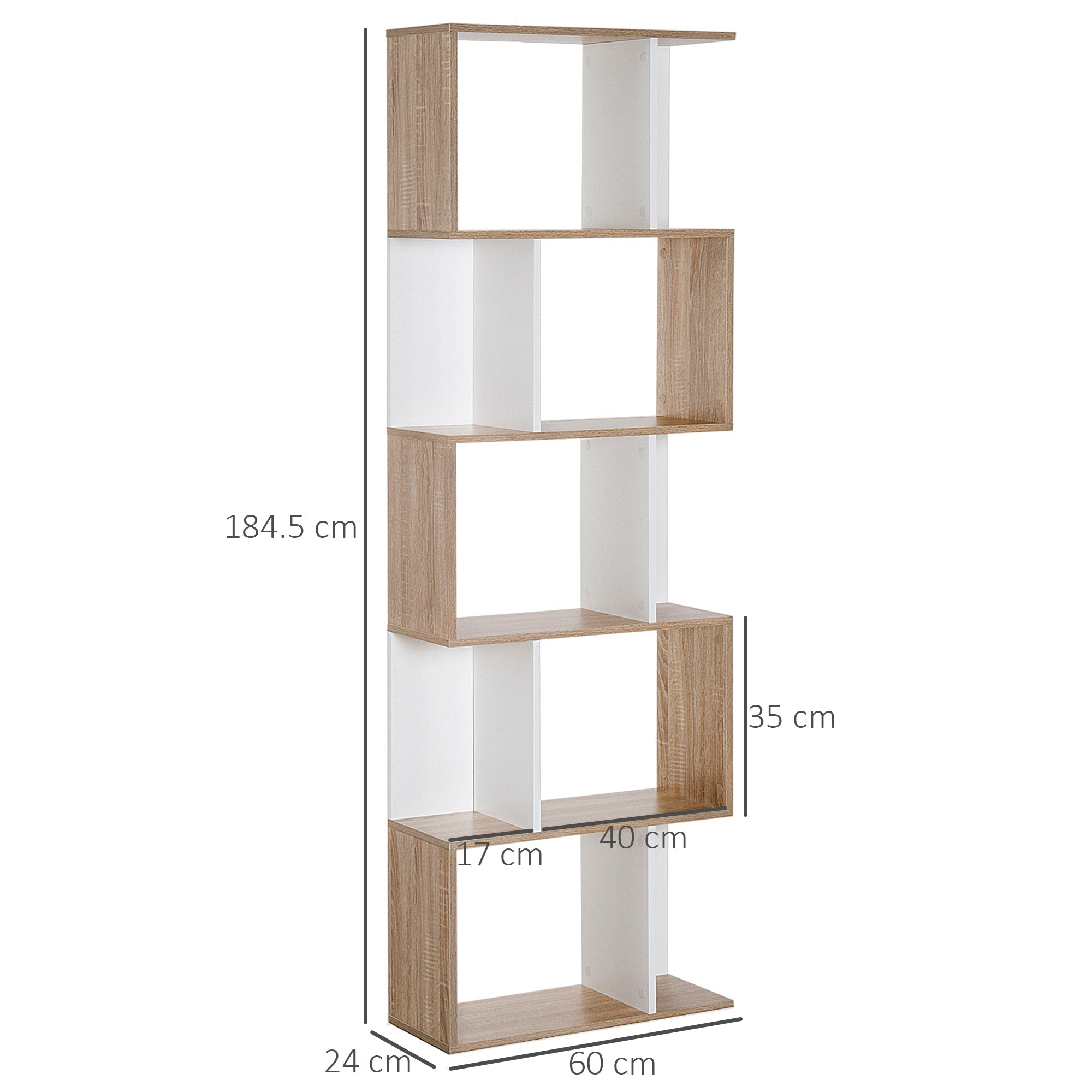 HOMCOM Bookcase, S-Shaped Wooden Bookshelf, 5/6 Tiers Freestanding Storage Shelf, Home Office Decorative Display Stand Rack, Oak and White, 24D x 60W x 184.5H