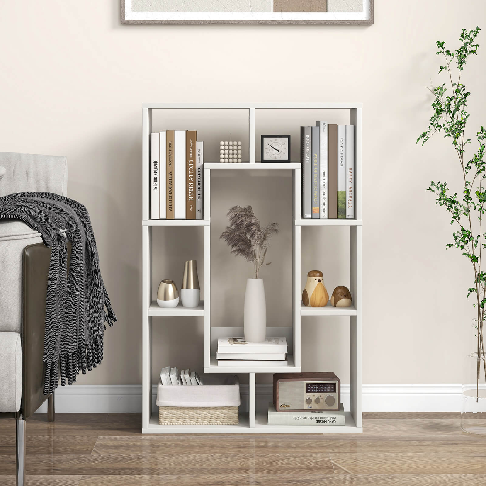 7-Cube Geometric Bookshelf Open Bookcase with Anti-Toppling Device-White