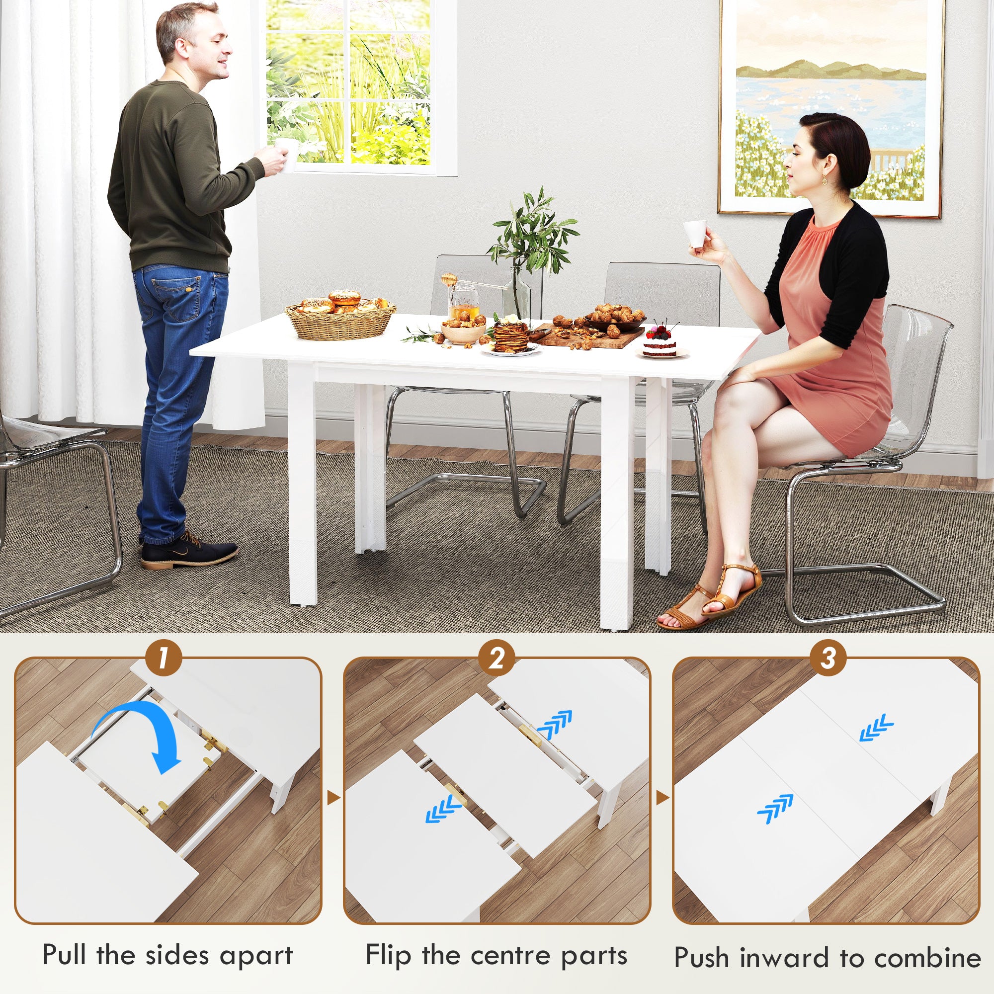 HOMCOM Extending Six-Person High Gloss Dining Table - White