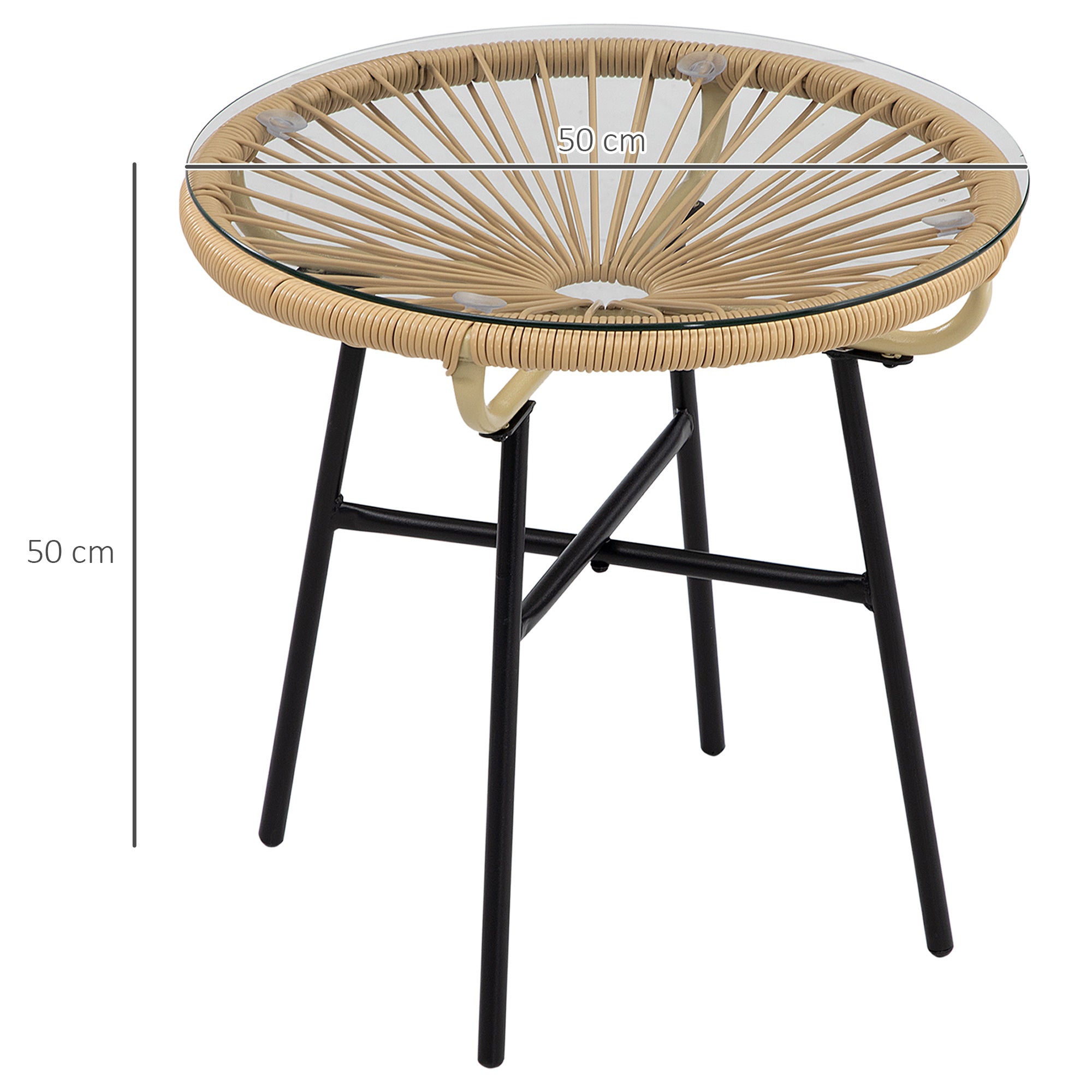 Outsunny Rattan Side Table, Round Outdoor Coffee Table, with Round PE Rattan and Tempered Glass Tabletop for Patio, Garden, Balcony, Beige