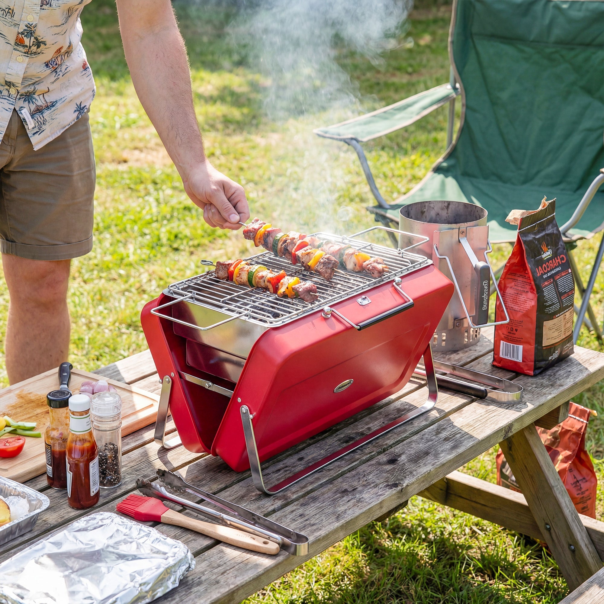 Outsunny Portable Mini Charcoal Barbecue Grill with Suitcase Shell, Outdoor Folding Tabletop BBQ Grill, Red