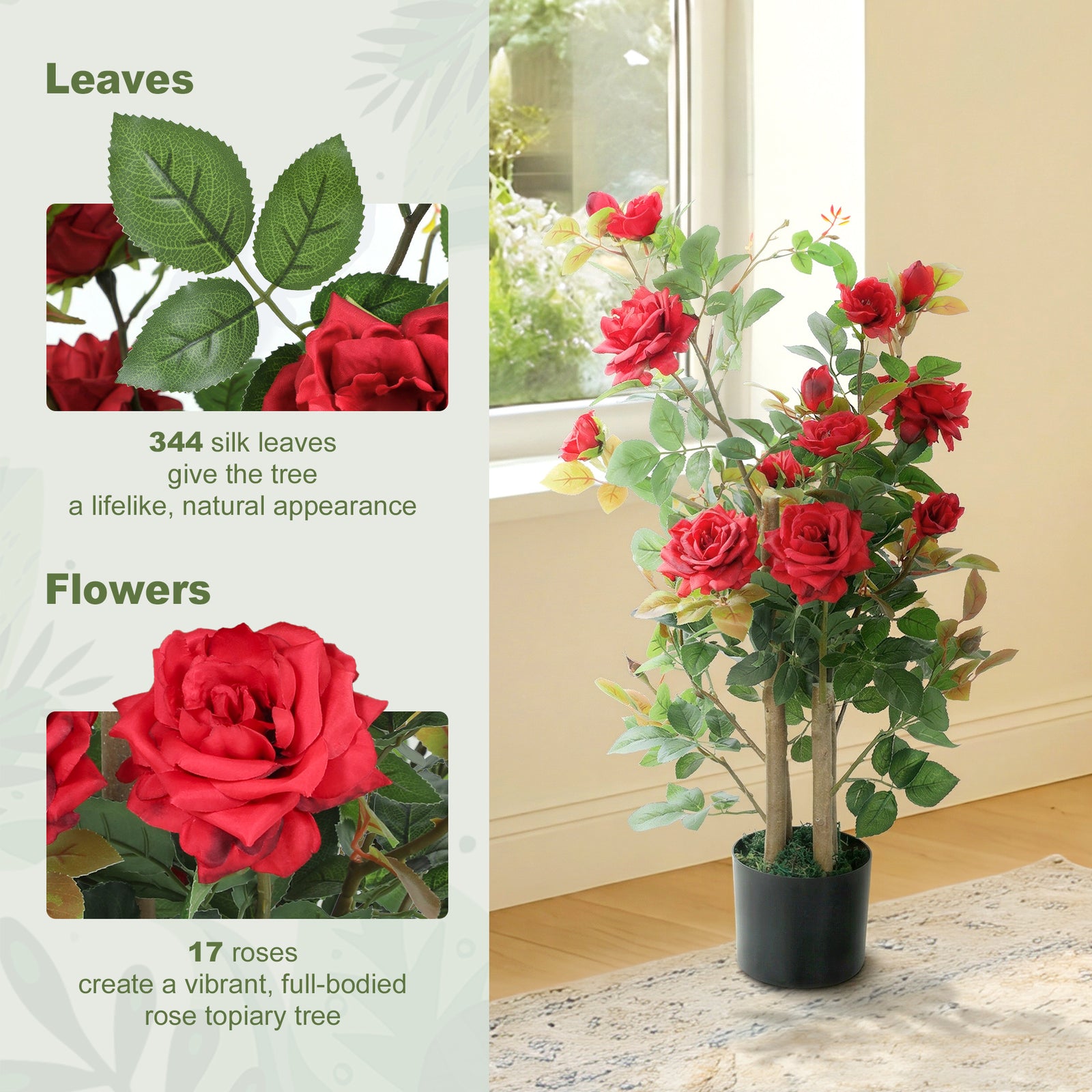 HOMCOM 90cm Artificial Rose Tree, Decorative Fake Plant with 344 Silk Leaves 17 Flowers for Outdoor Indoor Decor, Red