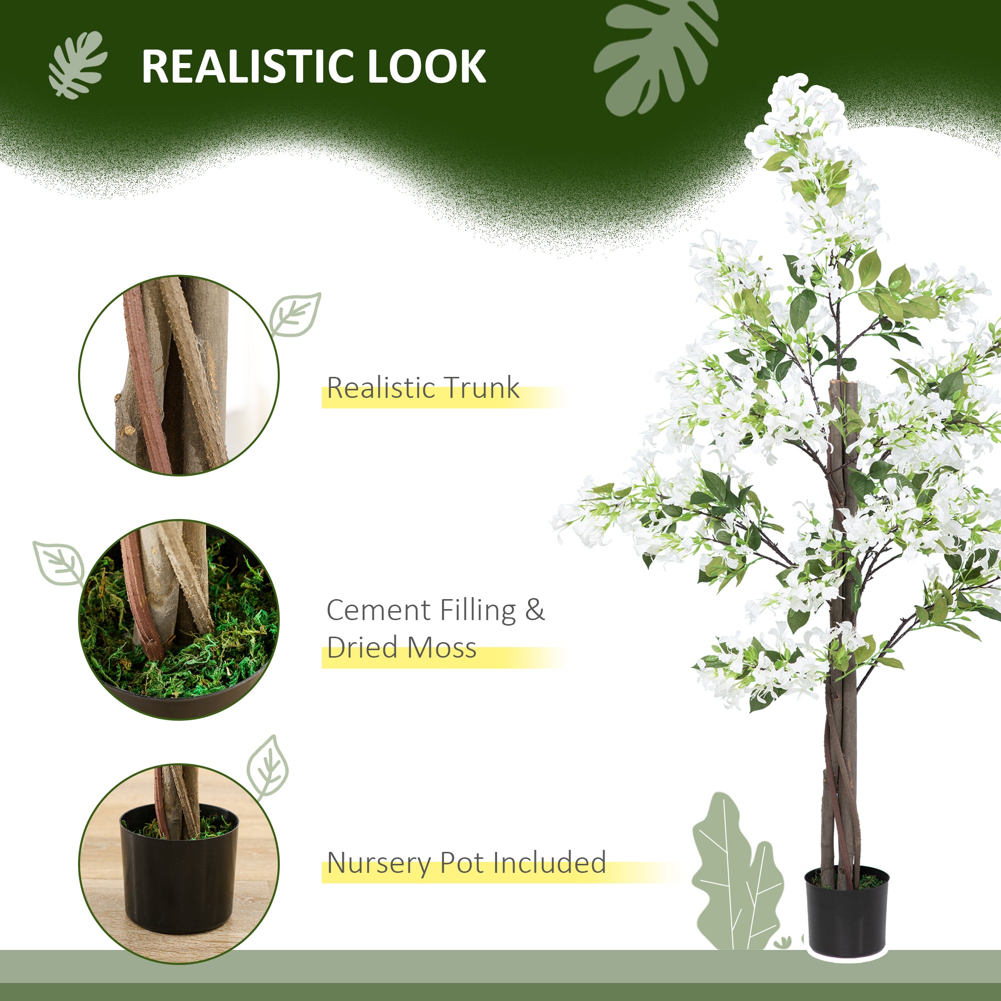 HOMCOM Artificial Plants Honeysuckle Flower in Pot Fake Plants with Curved Boots for Indoor 15x15x150cm White