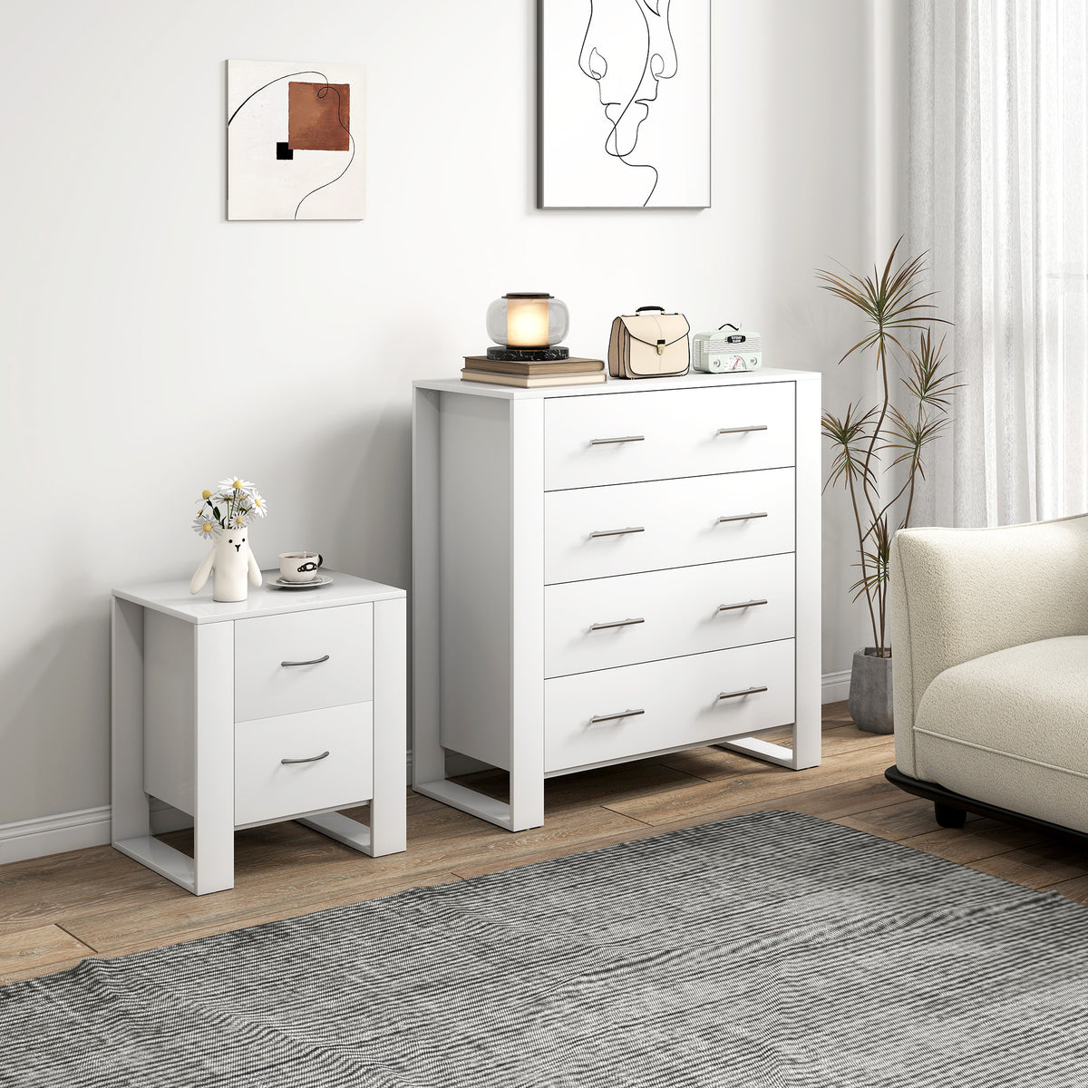HOMCOM Bedroom Furniture Set, Drawer Chest and Nightstand, Modern White