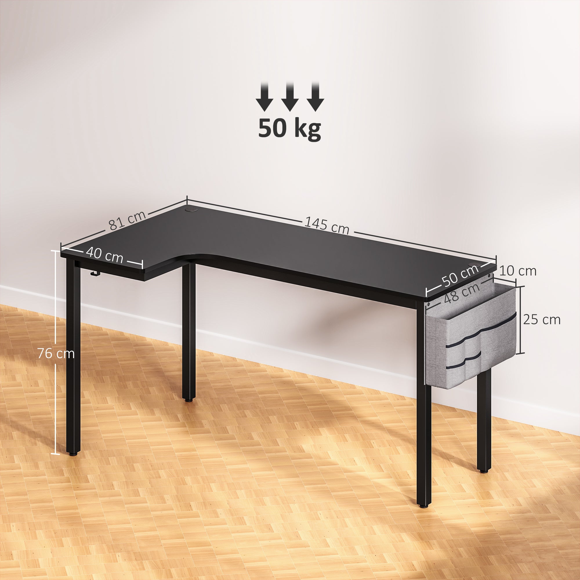 HOMCOM L-Shaped Computer Gaming Desk with Fabric Bag, Hooks and Cable Management, 145 x 81 x 76cm - Black