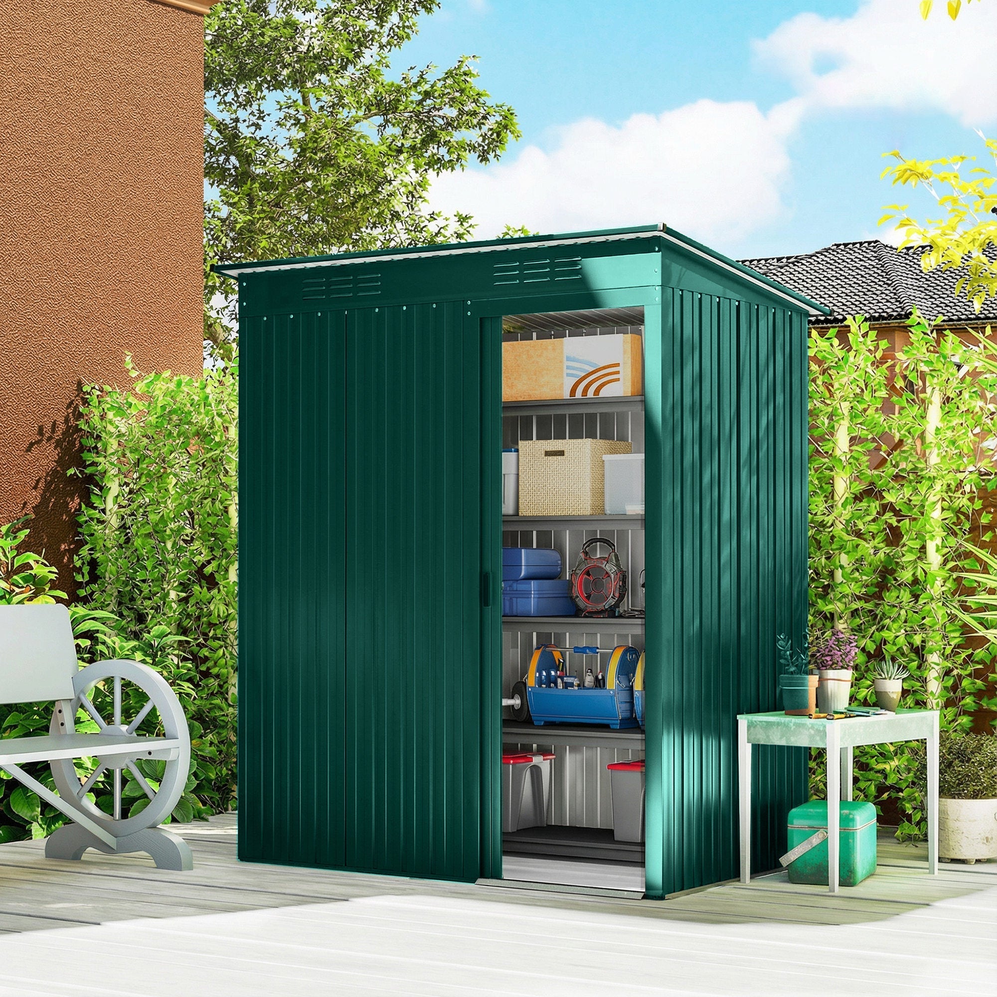 Outsunny 5 x 3.5ft Metal Garden Storage Shed with Effortless Assembly and 2 Pairs of Gloves, Waterproof Outdoor Shed, Green