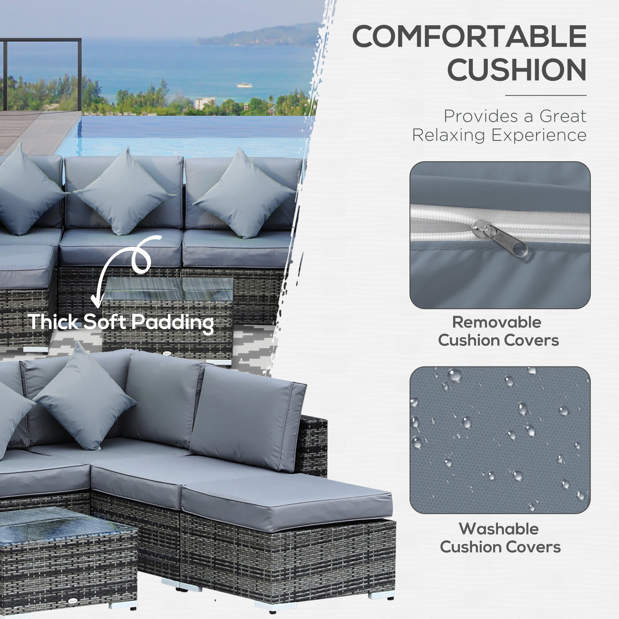 Outsunny 8 Piece Rattan Corner Sofa Set with Wide & Deep Seat, Assembled Aluminium PE Rattan Garden Furniture Set with Thick Cushions and Glass Top Table for Outdoor, Conservatory, Grey