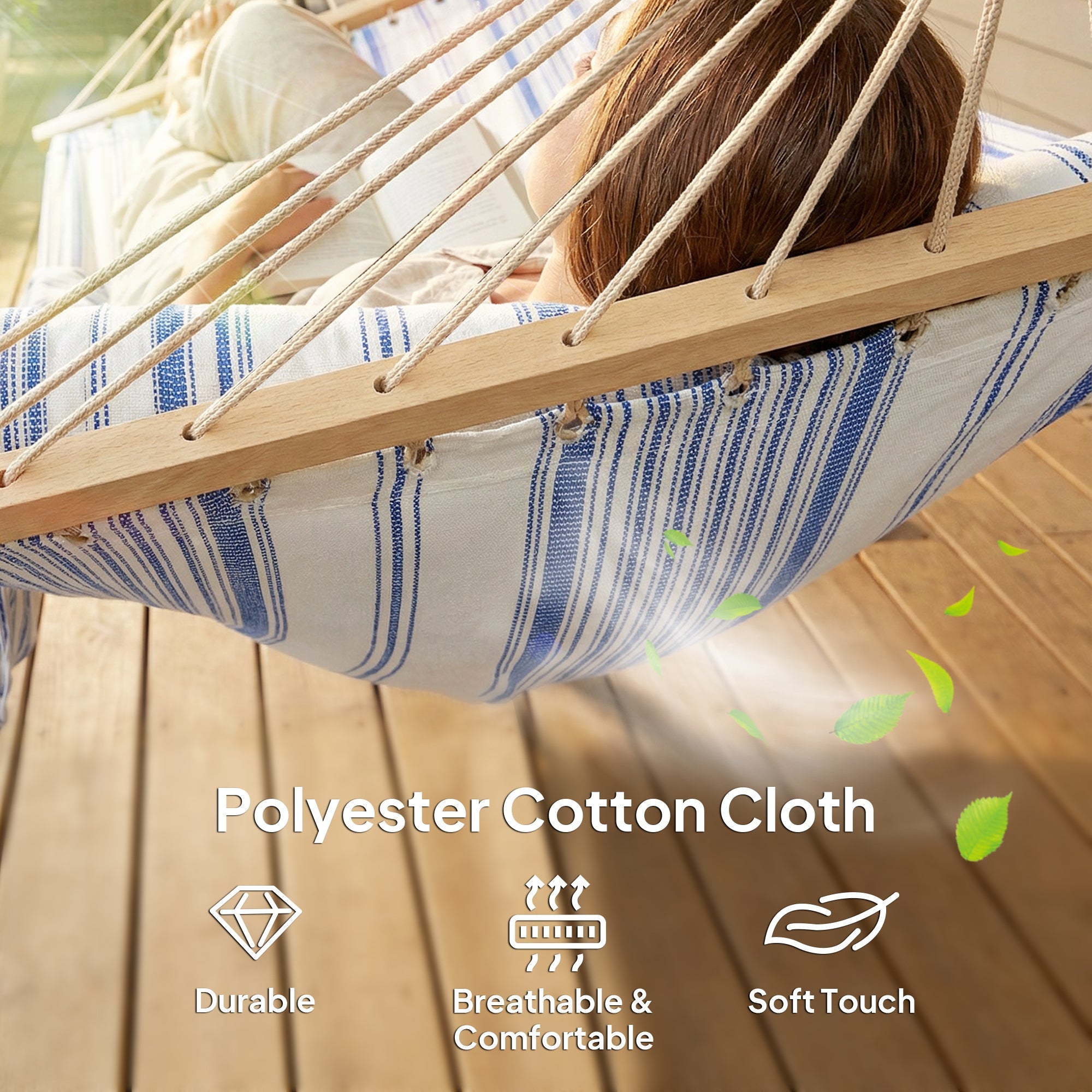 Outsunny Cotton Hammock, Soft Portable Swing Sleeping w/ Headrest & Side Pocket, Blue and White