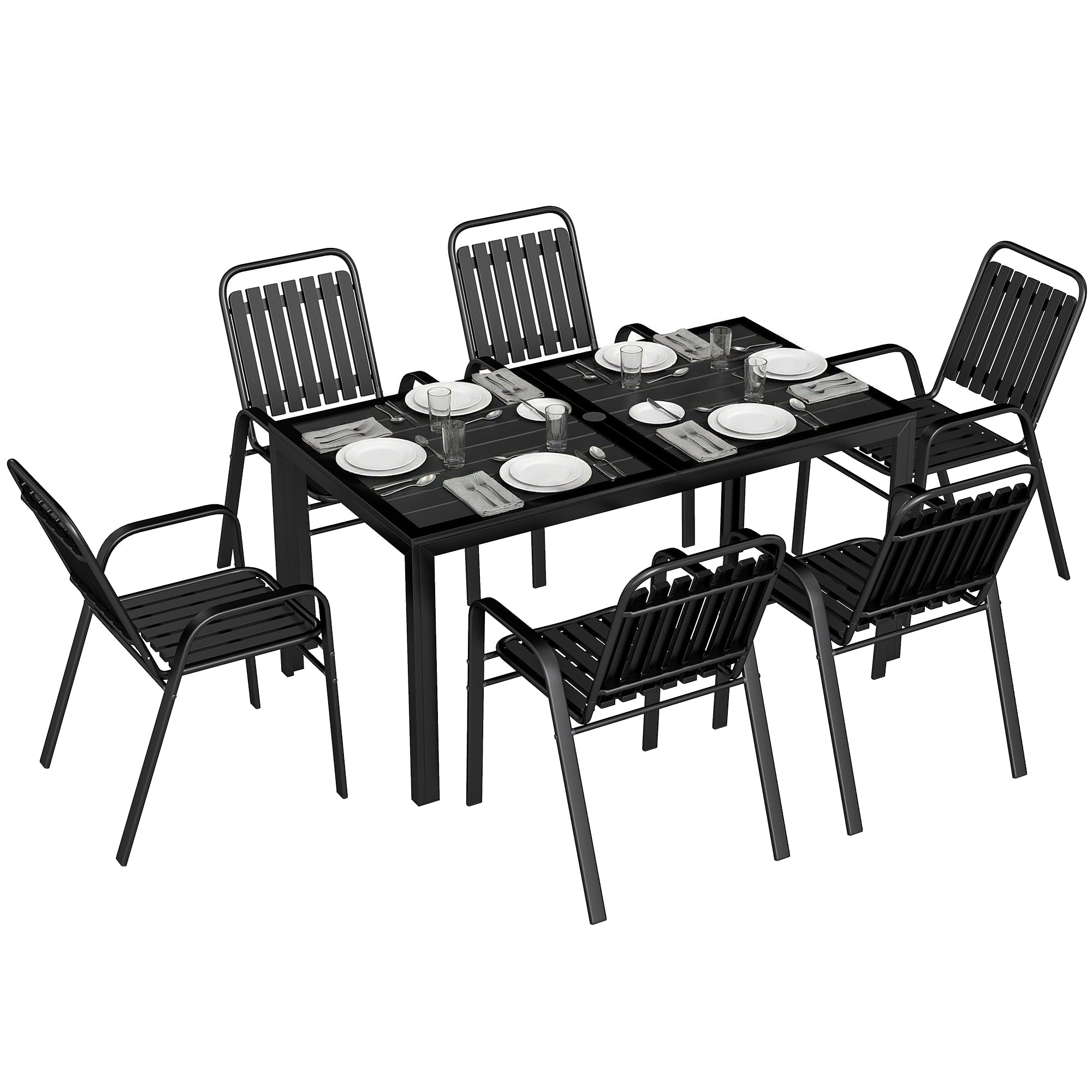 Outsunny 7 Pieces Outdoor Dining Set with Umbrella Hole, Garden Table and Chairs Set for 6 with Metal Table and Stackable Chairs