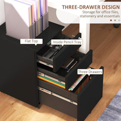 Vinsetto 3-Drawer Vertical Filing Cabinet with Pencil Tray, Lock and 5 Wheels, Steel Mobile File Cabinet, for A4, Legal and Letter Size, Pre-Assembled Body, Black