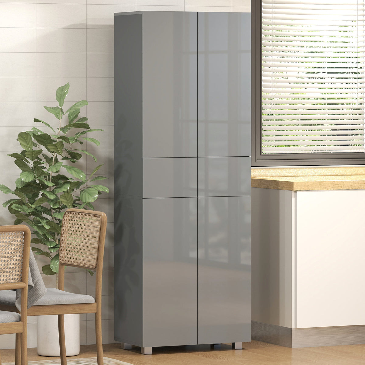HOMCOM Storage Cabinet, Kitchen Cupboard with 3 Adjustable Shelves, 60L x 35W x 170H cm, High Gloss Grey