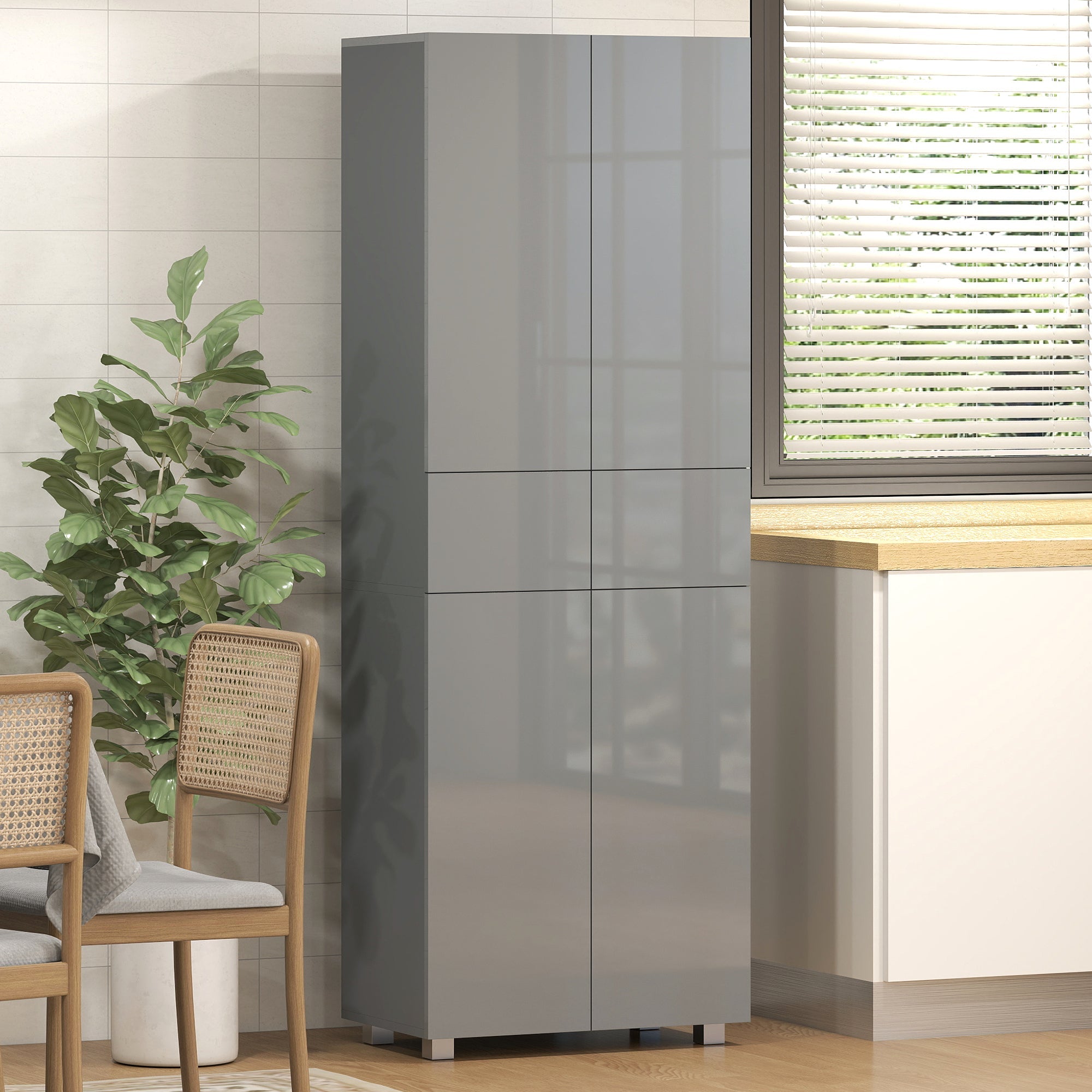 HOMCOM Storage Cabinet, Kitchen Cupboard with 3 Adjustable Shelves, 60L x 35W x 170H cm, High Gloss Grey