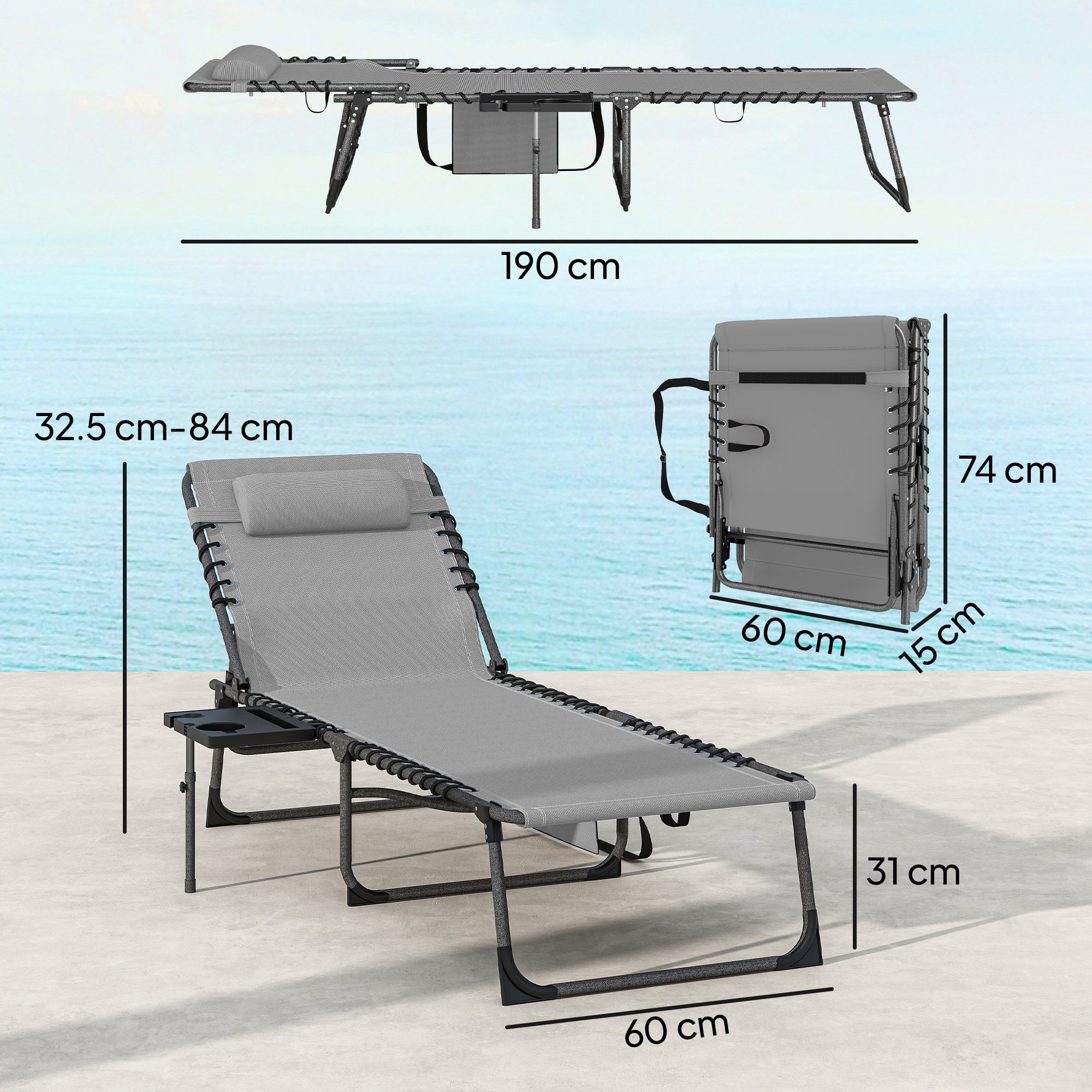 Outsunny Five-Position Reclining Sun Loungers Set of 2 - Grey
