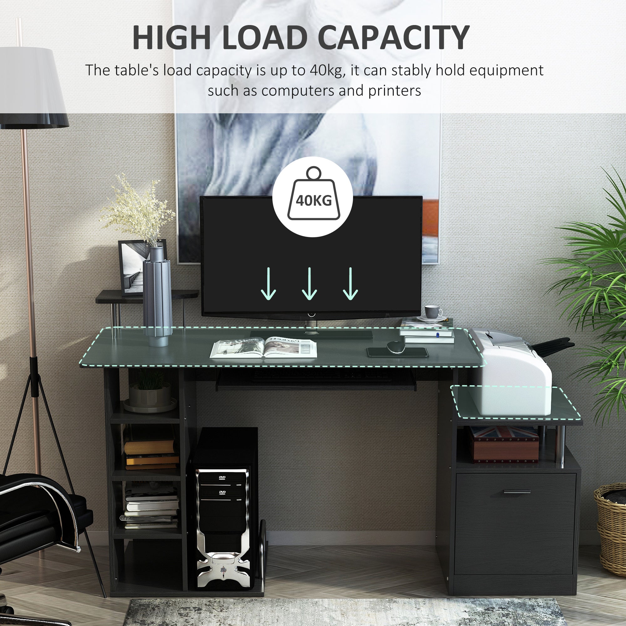 HOMCOM Computer Desk PC Workstation with Drawer Shelves CPU Storage Rack Home Office Furniture 152 x 60 x 88cm (BLACK)