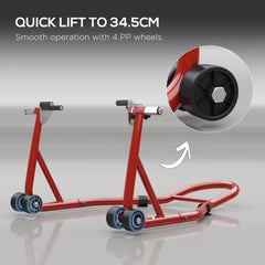 HOMCOM Front Motorcycle Paddock Stand Motorbike Stand with Anti-Slip Mat, Adjustable Pin and Swingarm Spool Adaptors, 200 kg Capacity, for 18", 17" and 10" Tyre, Red