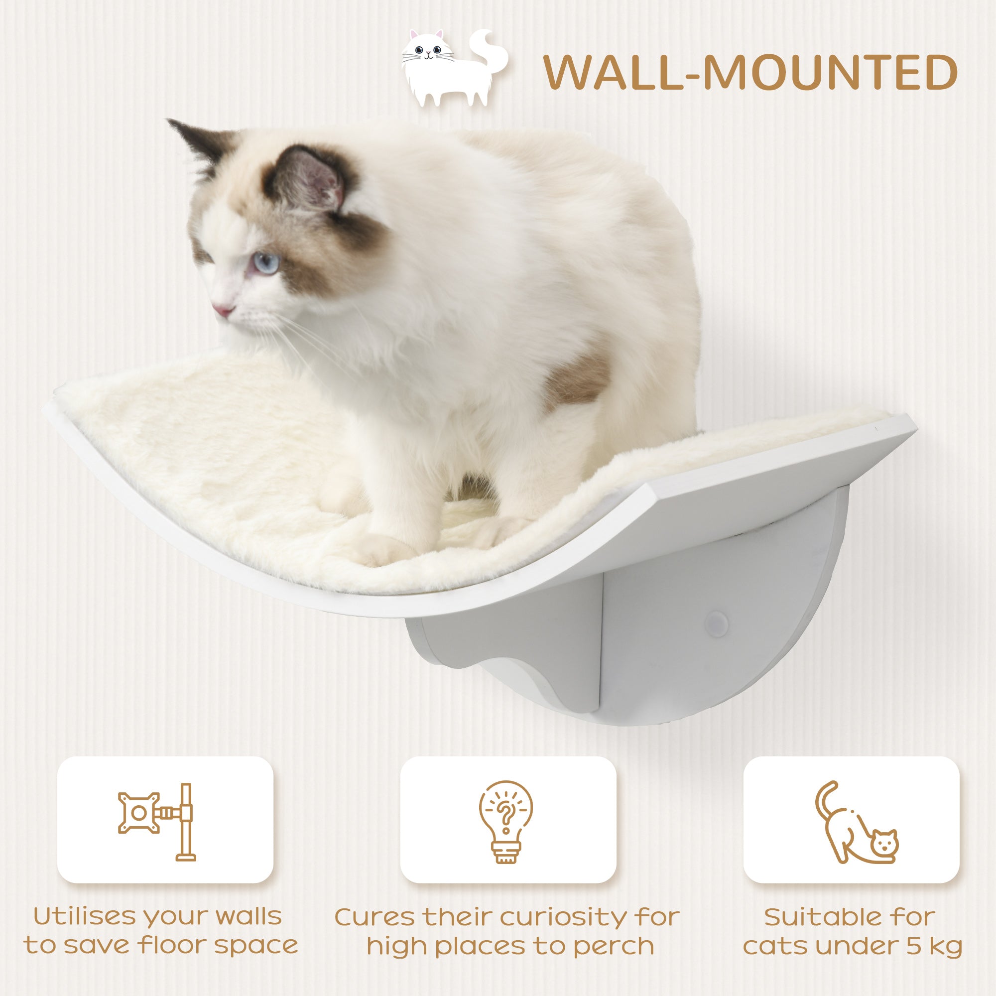 PawHut Wood Cat Shelves, Wall-Mounted Cat Shelter, Curved Kitten Bed Perch Climber Furniture 41 x 28 x 21cm White
