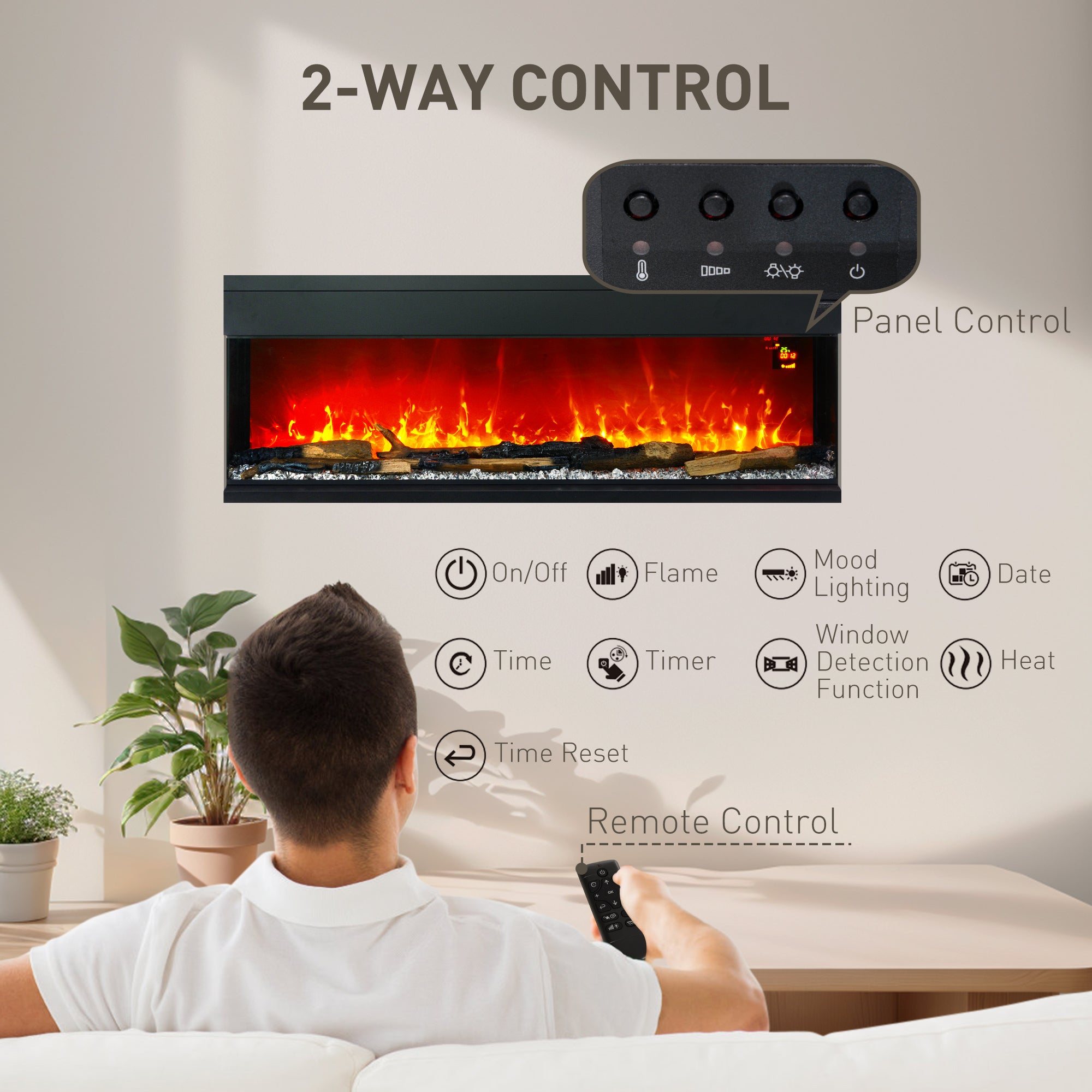 HOMCOM 1800W 15-40√¢‚Äû∆í Adjustable Flame Glass Panel Convector Heater, 152cm