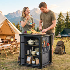 Outsunny Camping Camping Cupboards, Folding Portable Kitchen Table with 3-Tier Storage, Black