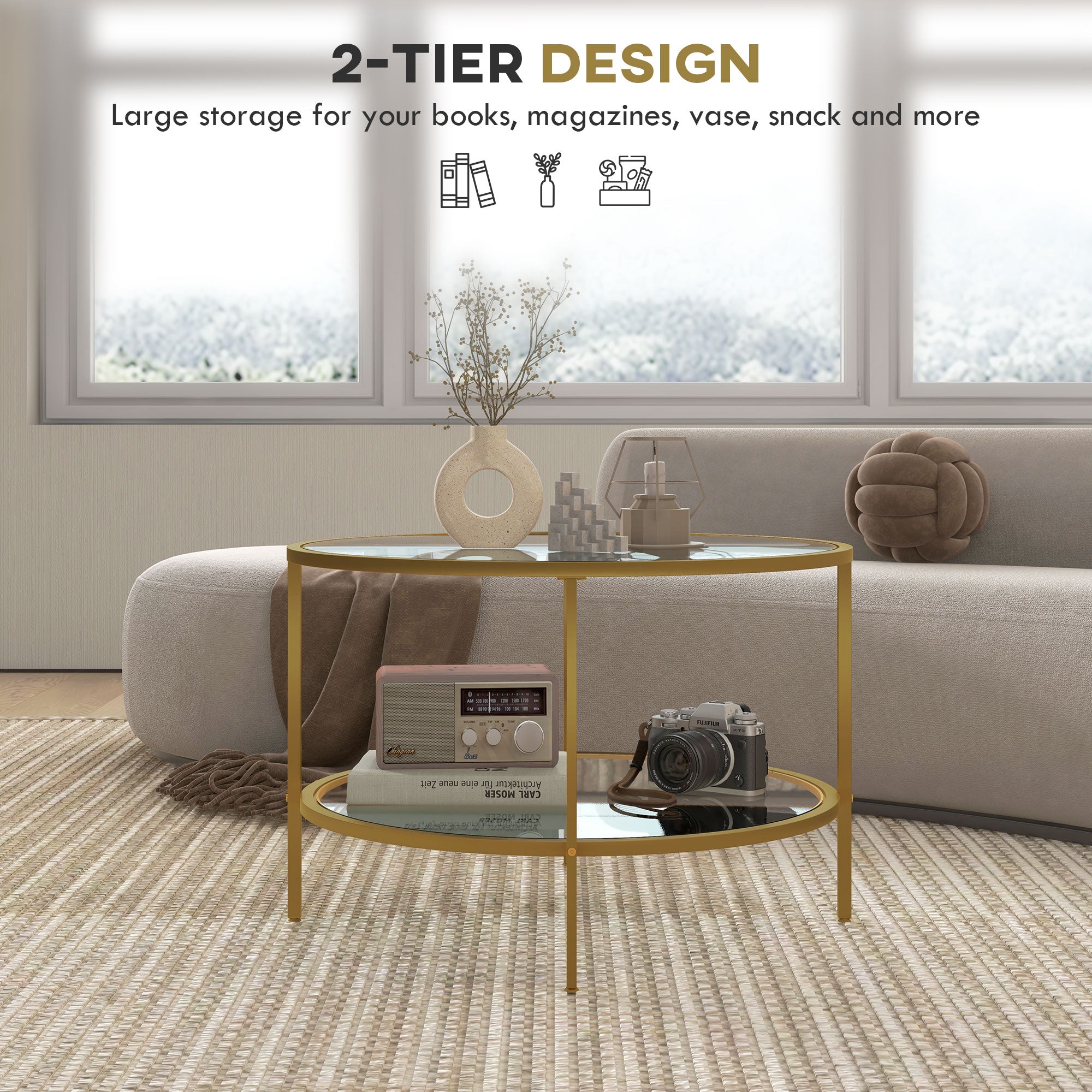 HOMCOM Round Coffee Table with Storage, 2-Tier Tempered Glass Coffee Table with Steel Frame for Living Room, Gold Tone