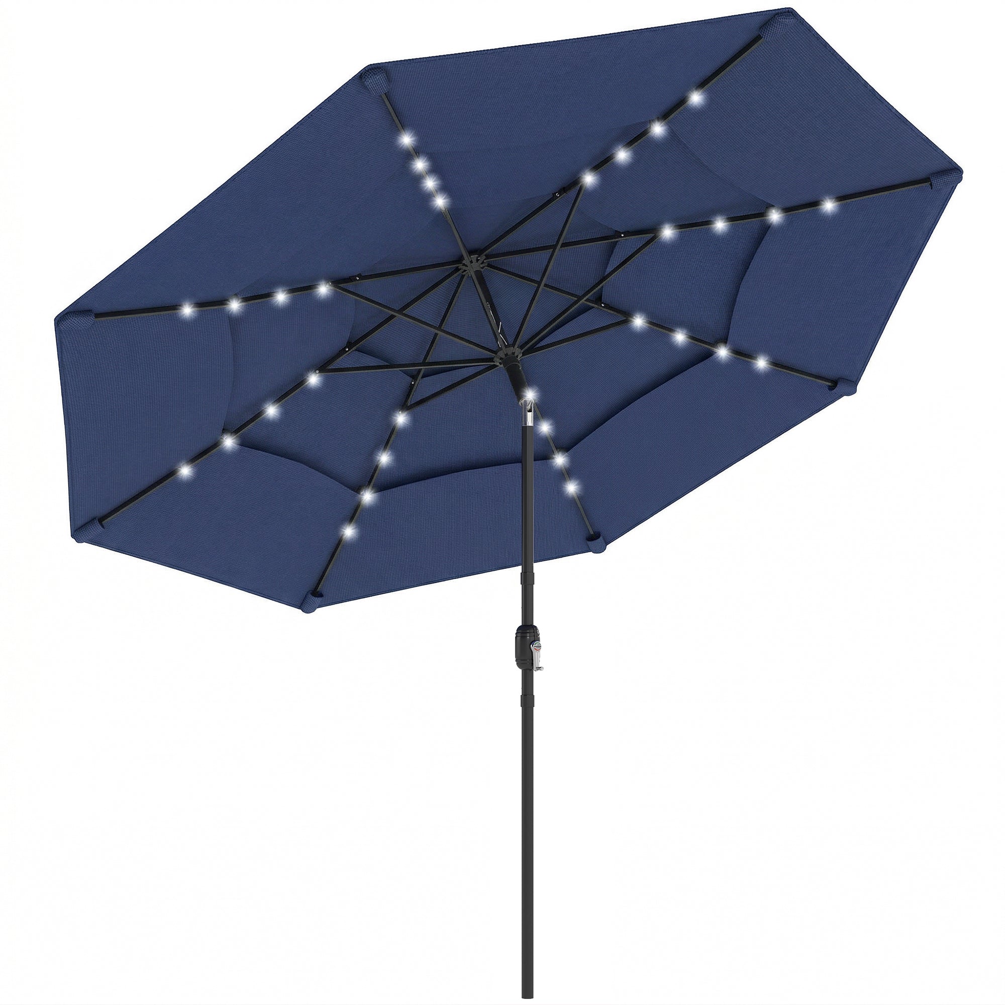 Outsunny 2.8 m Garden Parasol Umbrella with LED Solar Light, Parasol Cover, 3 Tier Outdoor Table Market Patio Umbrella, Navy Blue