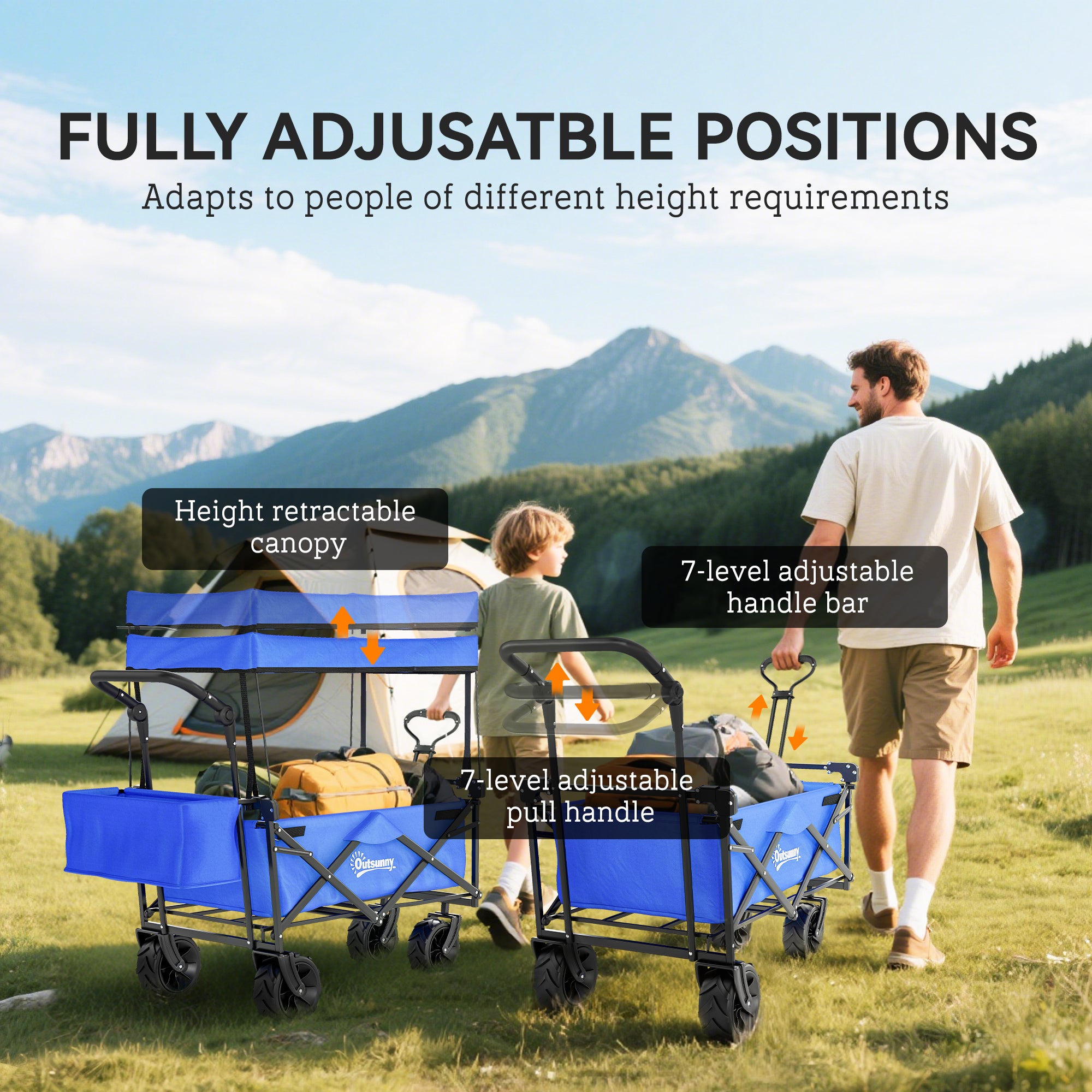 Outsunny Folding Trolley Cart Storage Wagon Beach Trailer 4 Wheels with Handle Overhead Canopy Cart Push Pull for Camping, Blue