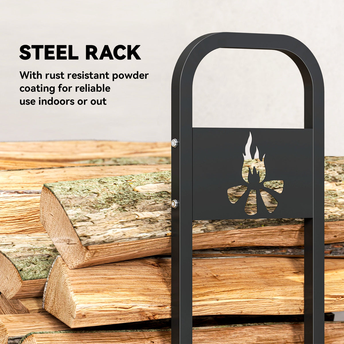 Outsunny 6.5 FT Steel Firewood Log Rack with 300 kg Capacity, Heavy Duty Indoor Outdoor Fireplace Wood Storage Shelf, Log Holder/Stand with Extra Support Legs, Decorative Bonfire Pattern, Black