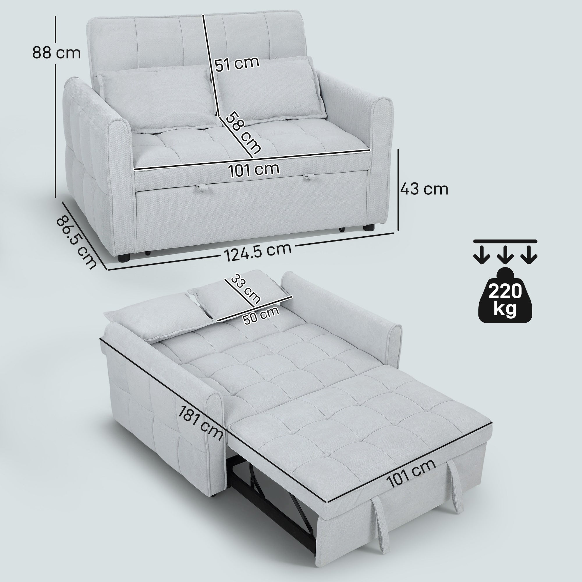 HOMCOM 2 Seater Sofa Bed, 3-in-1 Convertible Sleeper Sofa with Click-clack Adjustable Backrest and 2 Pillows, Light Grey