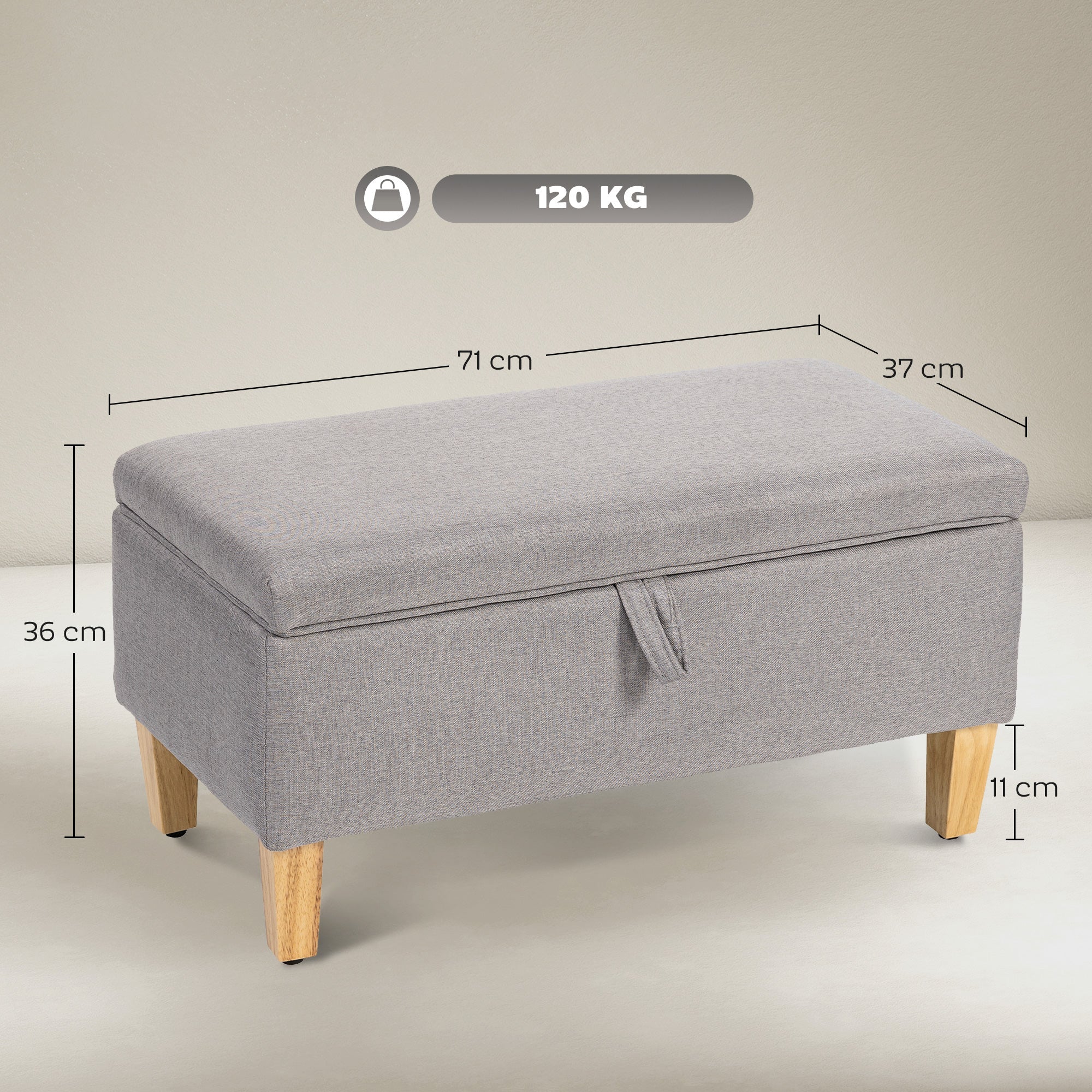 HOMCOM 30L Linen Storage Ottoman Padded Footstool with Rubberwood Legs for Storage Box, Bed End, Shoe Bench, Seating, Light Grey