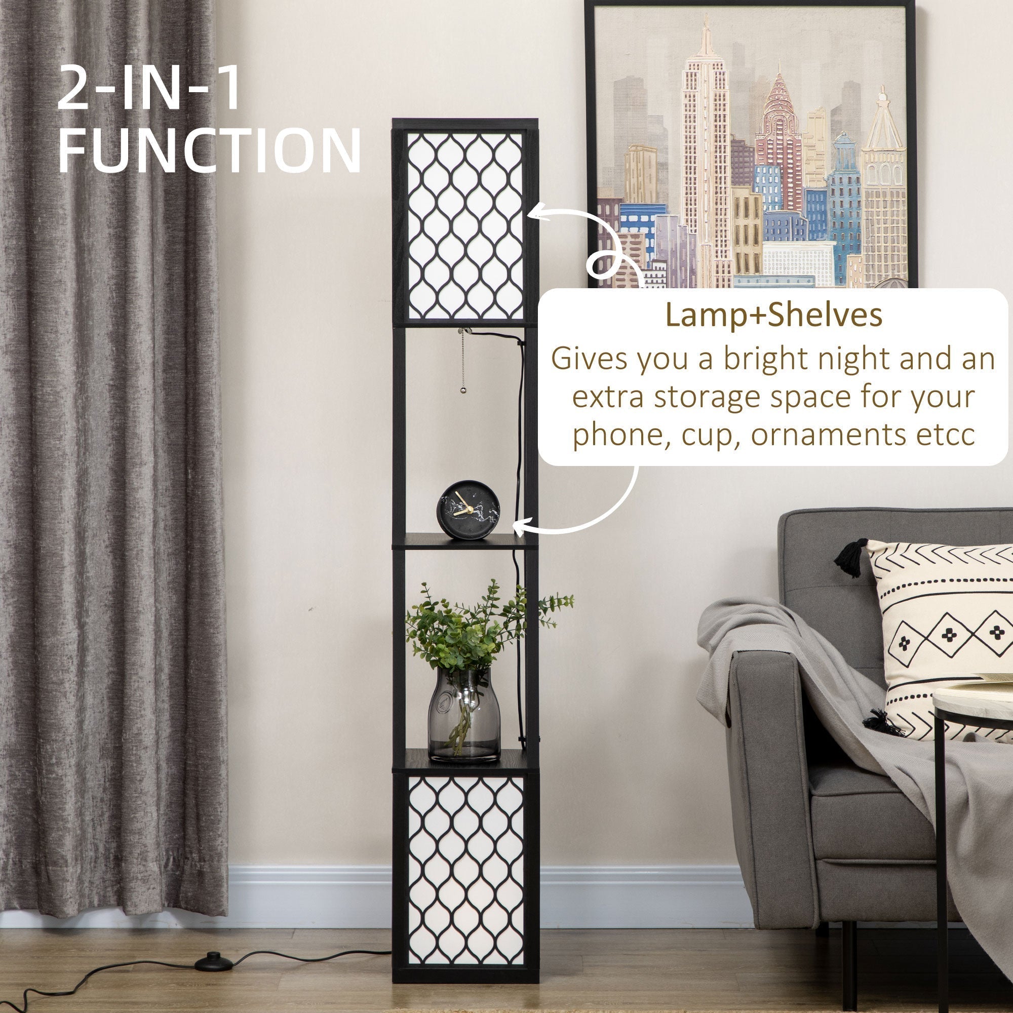 HOMCOM Floor Lamp with Shelves, Dual Light, Modern Tall Standing Lamps for Living Room, Bedroom, with Chain Switch, Bulb not Included, Black