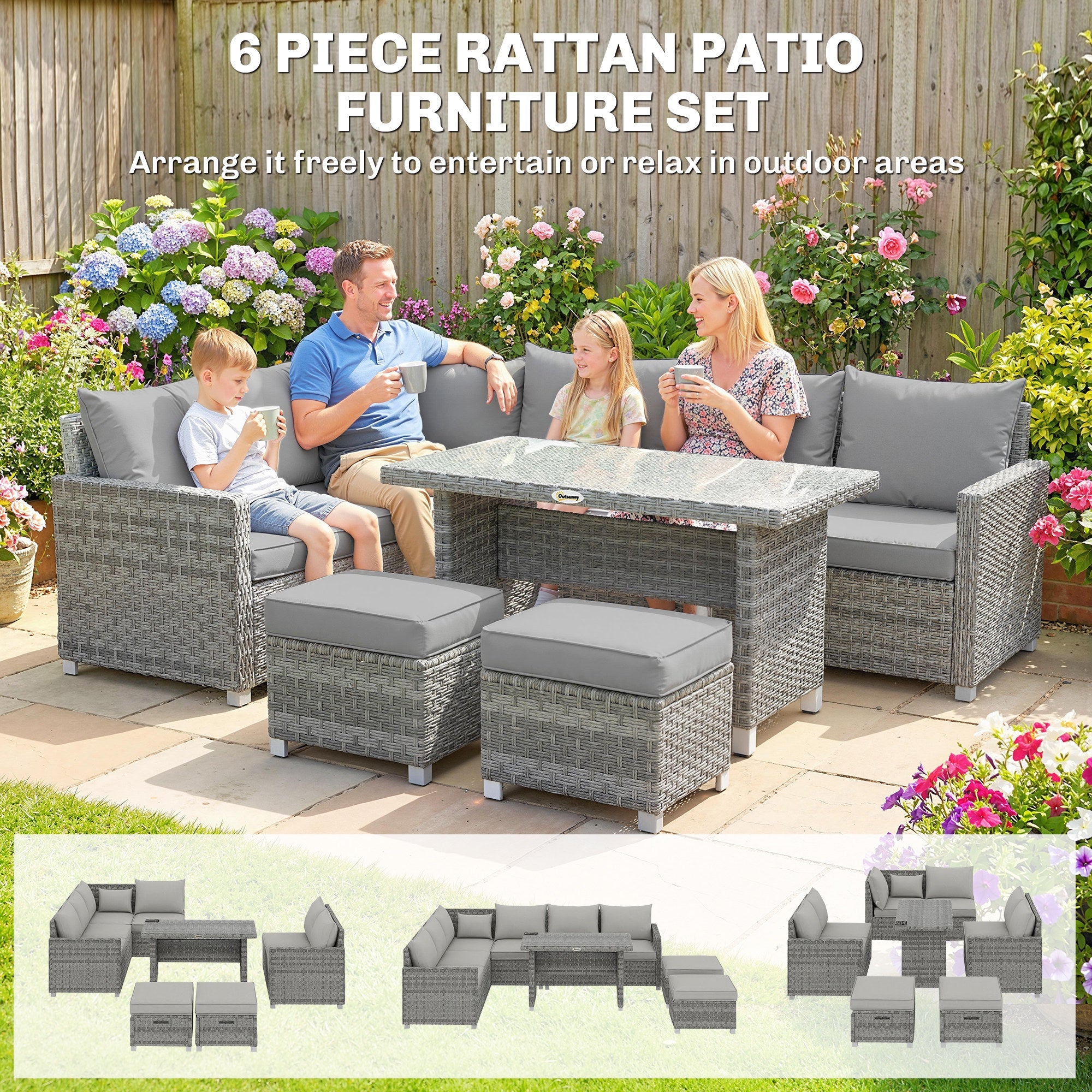 Outsunny 6 Seater Rattan Garden Furniture Set with 3 Sofas, 2 Footstools, Table, Patio Rattan Furniture Sofa Sets, Grey