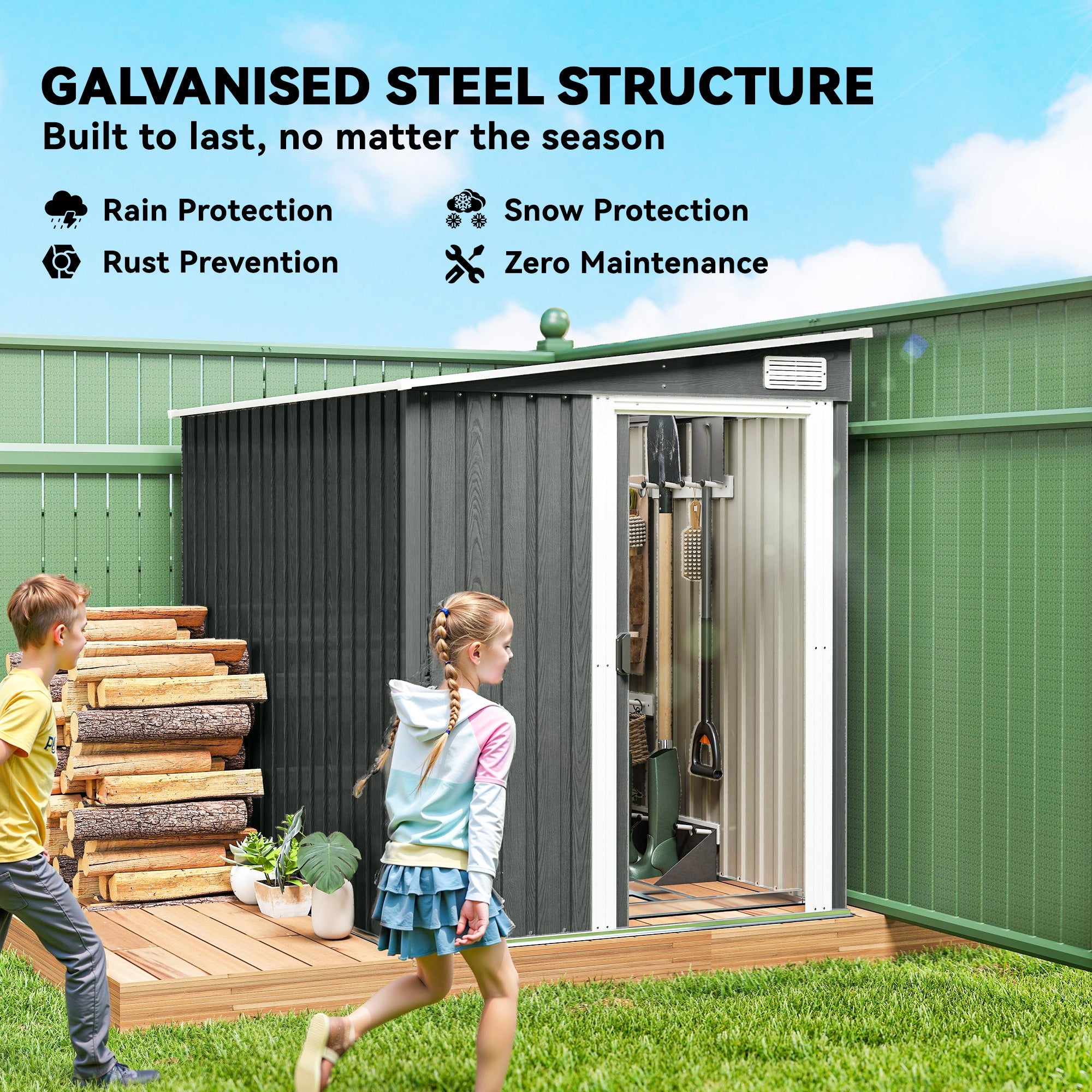Outsunny 7 x 5ft Galvanised Metal Shed, with Sliding Door - Light Grey