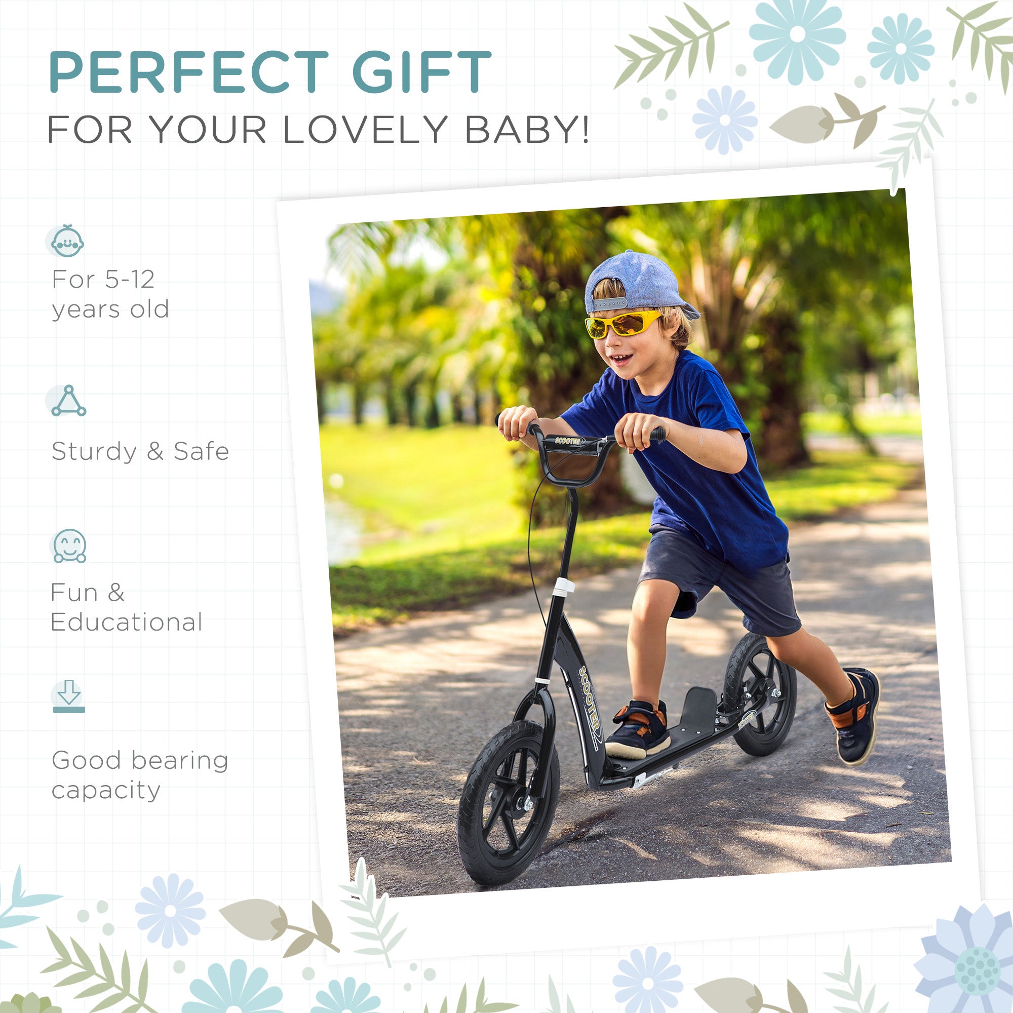 HOMCOM Kids Scooter Kick Scooter, with 12" EVA Tyres, Rear Brake, Big Wheels Scooter for 5-12 Years , Black