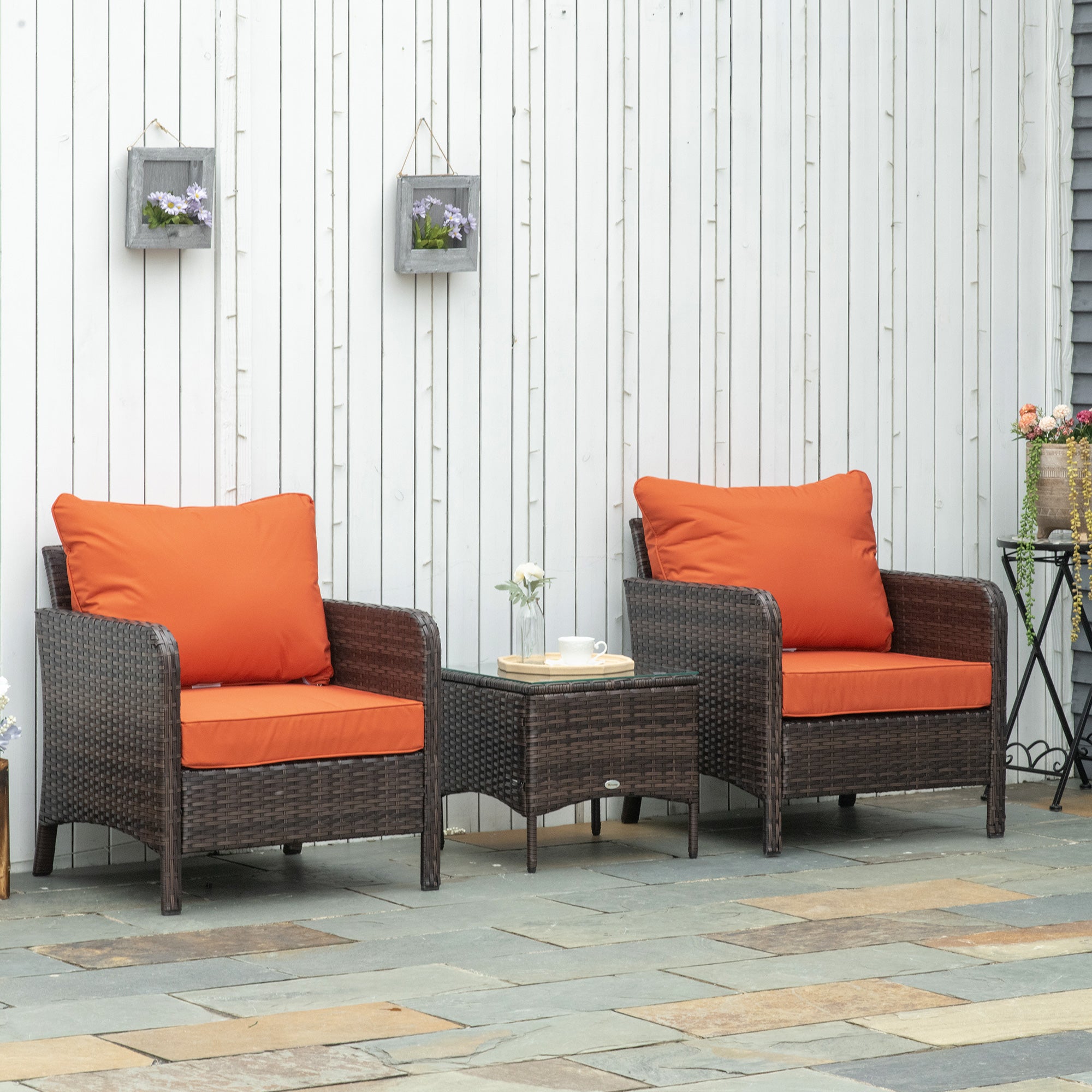 Outsunny 5 Pieces PE Rattan Garden Furniture Set with 10cm Thick Padded Cushions, Wicker Weave Outdoor Seating Chairs with 2 Armchairs, 2 Stools, Glass Top Table, Brown