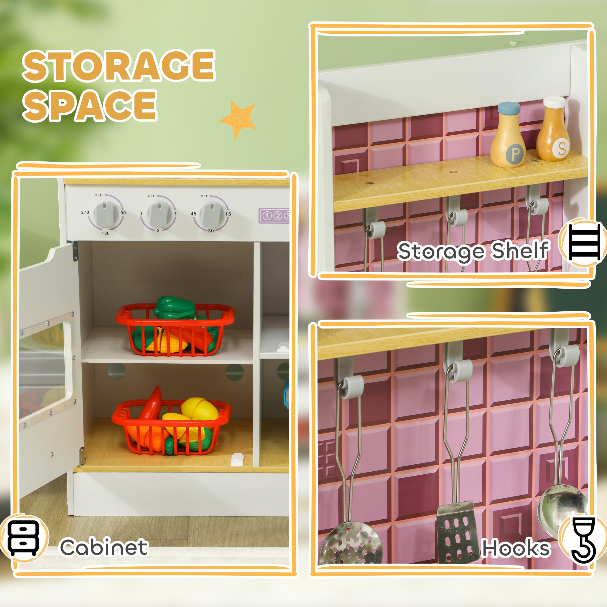 AIYAPLAY Kids Play Kitchen, Pretend Play Kitchen with Realistic Oven, Stove, Sink, Kitchen, Accessories, White