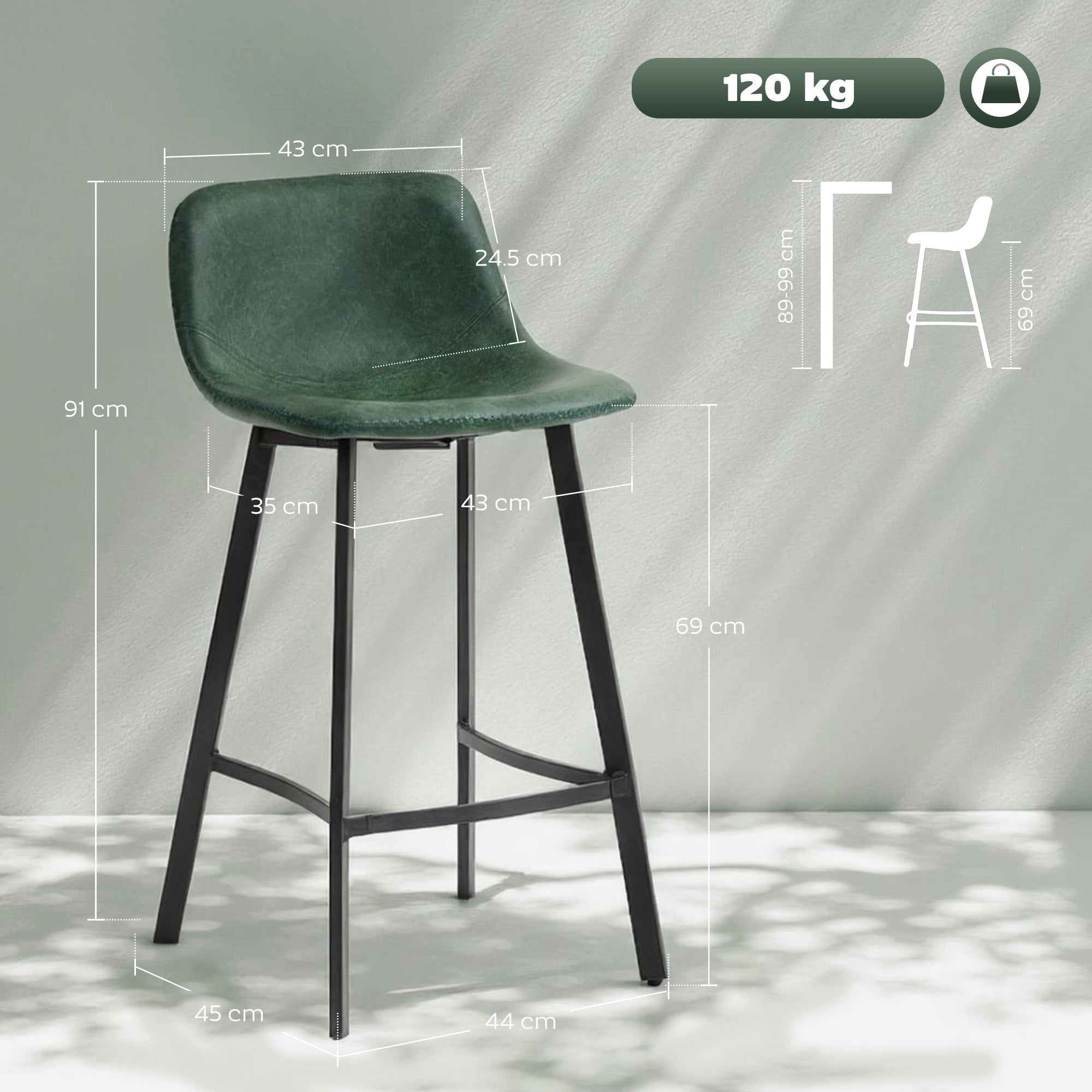 HOMCOM Bar Stools Set of 2, PU Leather Dining Stools with Backrest, Footrest, for Kitchen, Counter, Breakfast Bar, Green