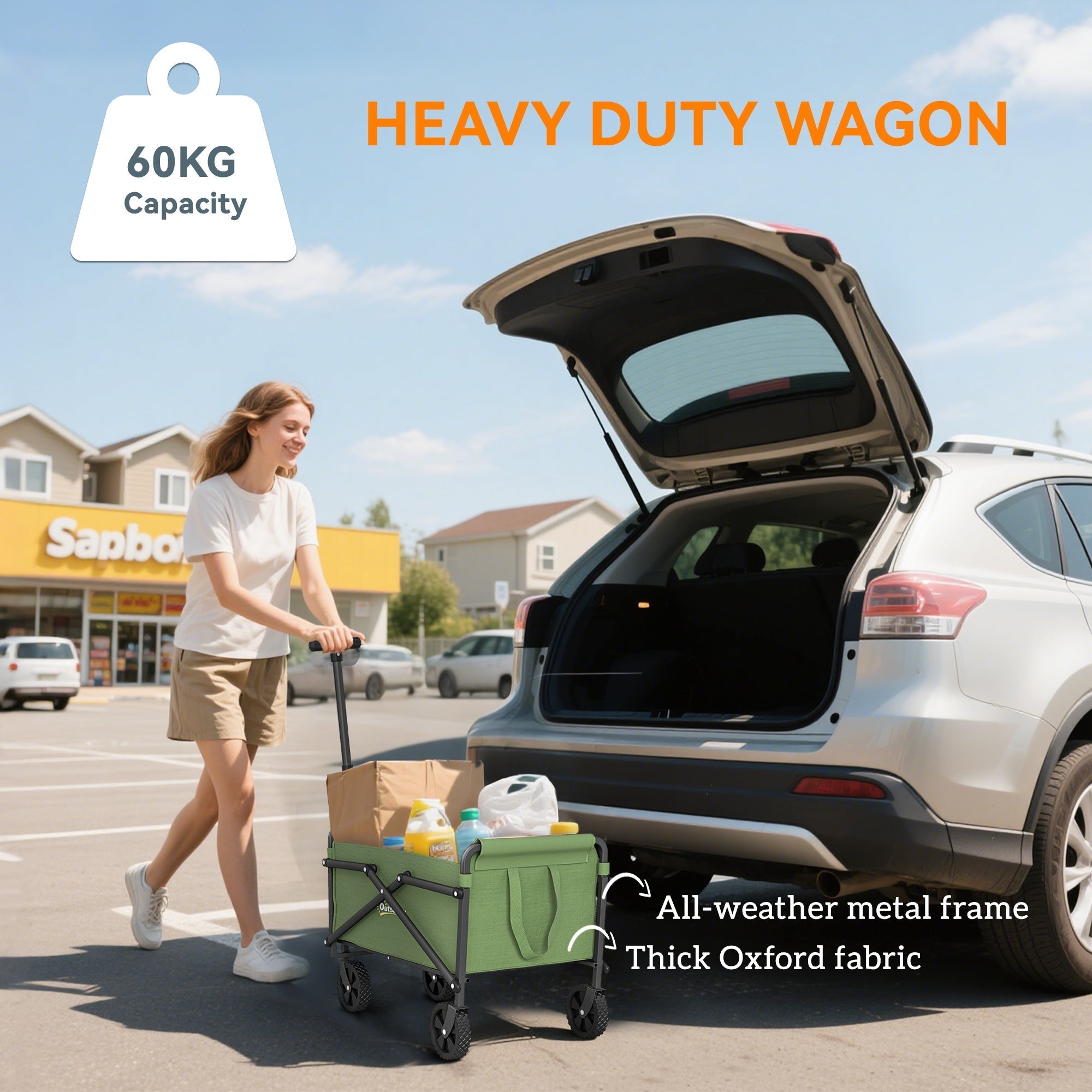 Outsunny 41L Festival Trolley on Wheels, Small Garden Folding Trolley Cart, 60kg Heavy Duty Collapsible Folding Wagon with Adjustable Handle and Carrying Bag for Beach, Camping, Festival, Green