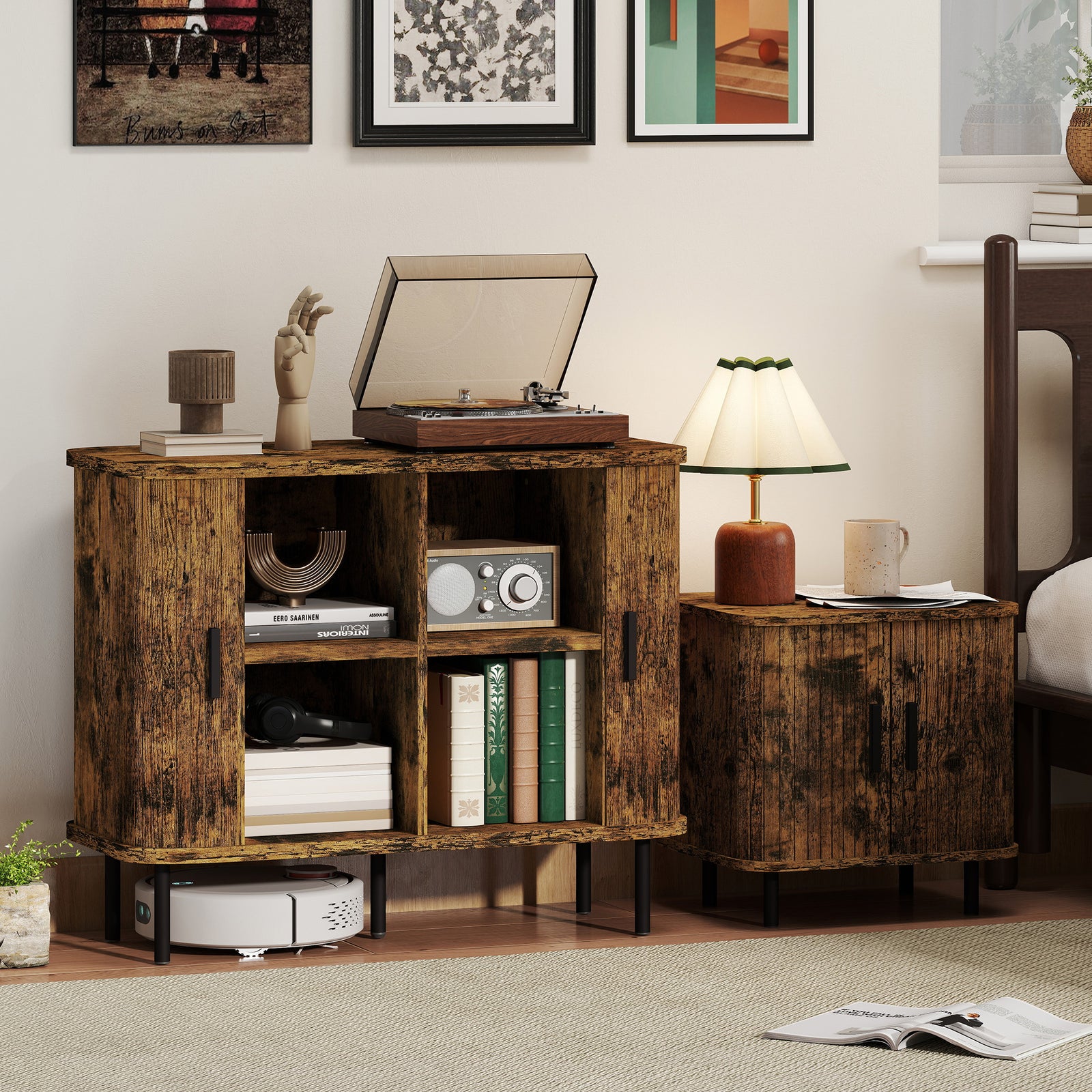 HOMCOM Mid-Century Sideboard Cabinet, Nightstand, Accent Console with Tambour Doors, Rustic Brown