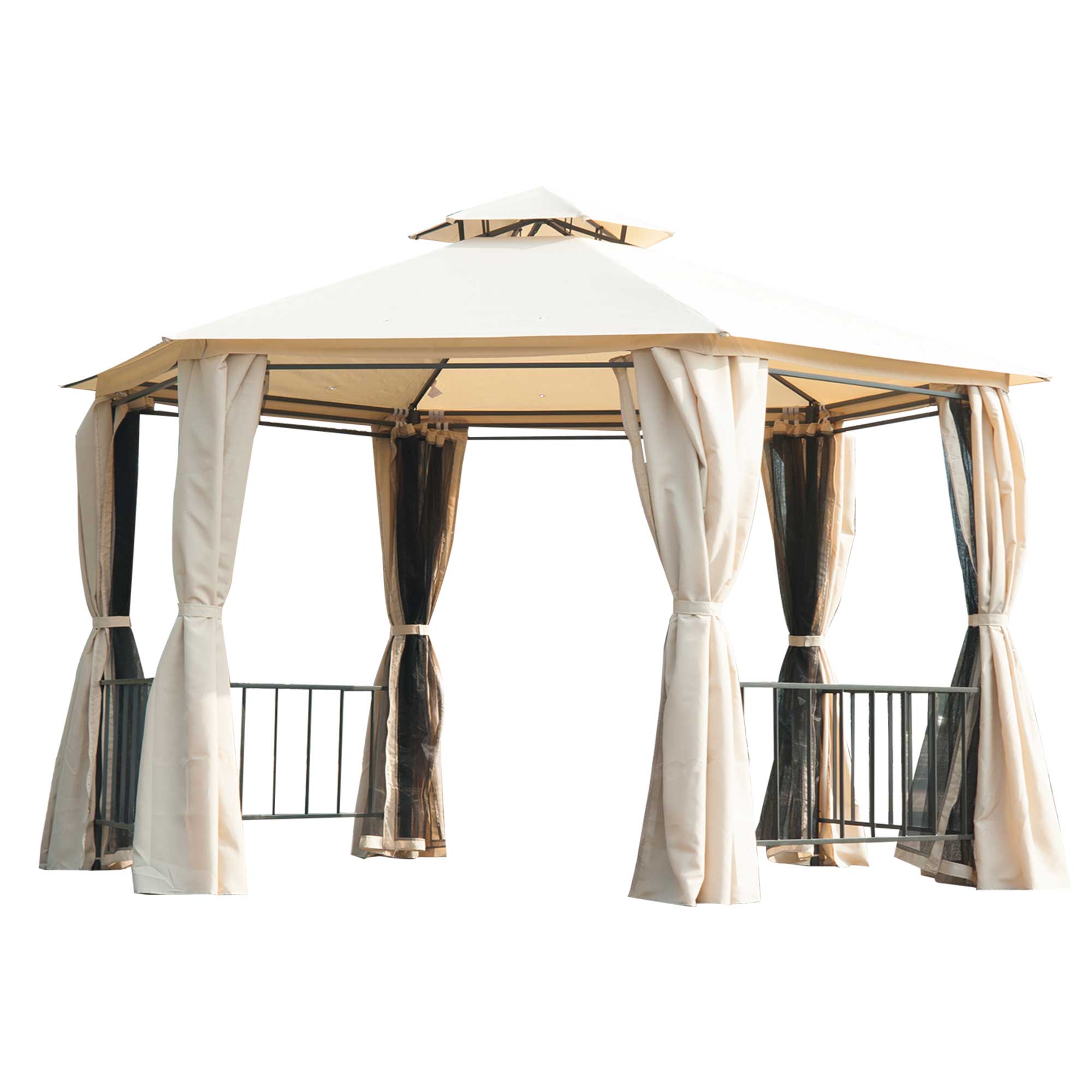 Outsunny 3 x 3 Hexagon Gazebo Patio Canopy Party Tent Outdoor Garden Shelter with 2 Tier Roof and Side Panel, Beige
