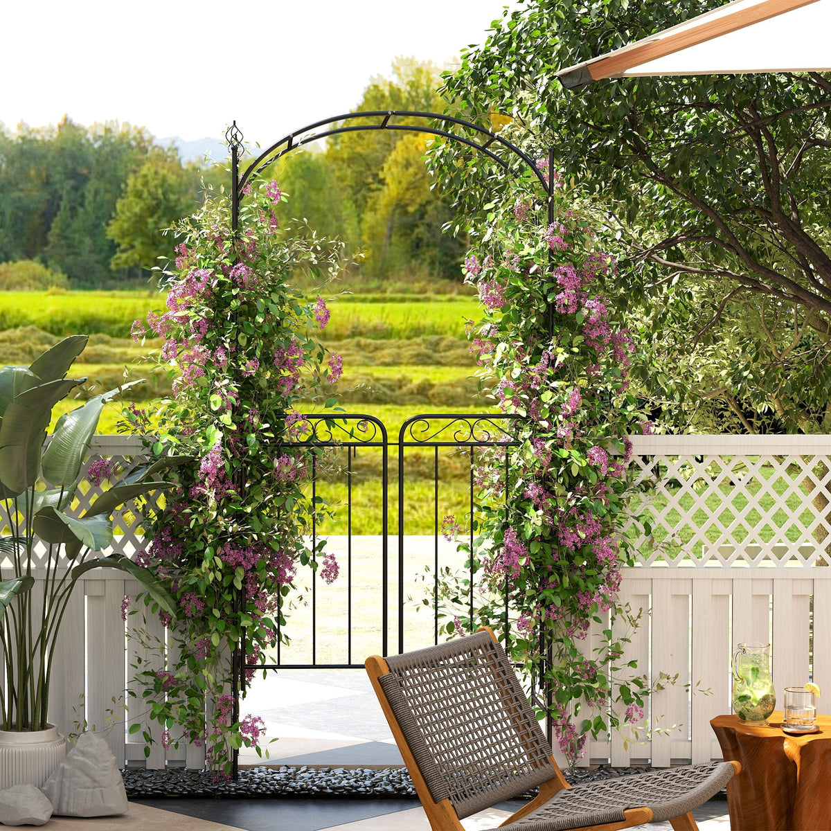 Outsunny Garden Decorative Metal Arch with Gate Outdoor Patio Trellis Arbor for Climbing Plant Archway Antique Black - 108L x 45W x 215Hcm